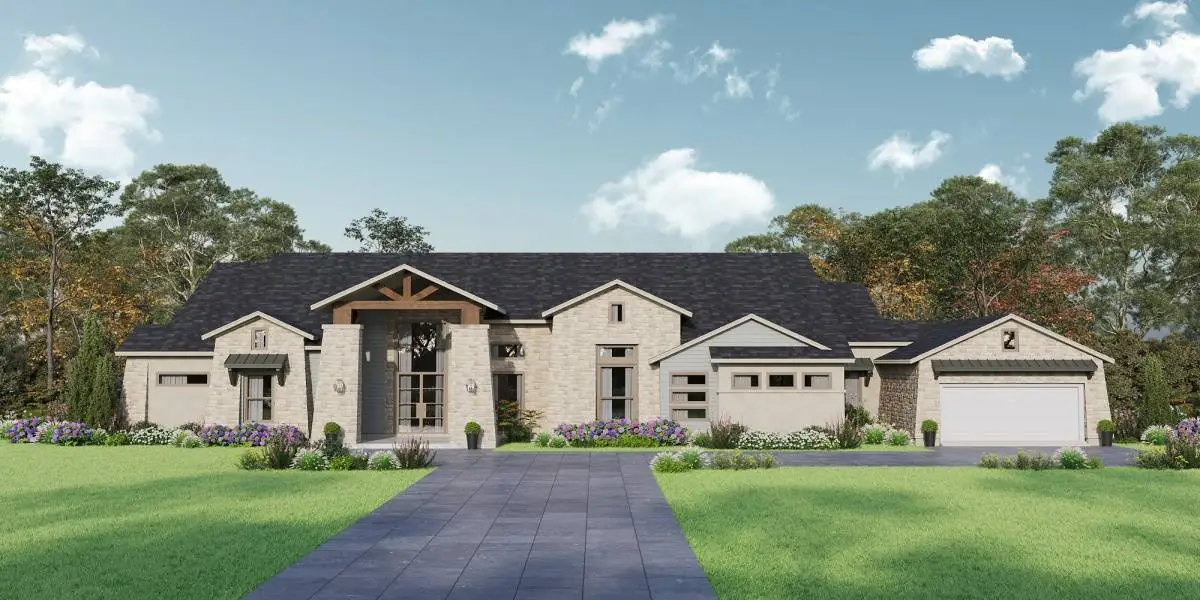 Front exterior of a new home in Bentwood Farms, Montgomery, TX, highlighting curb appeal (Image 1). Front exterior of a new home in Bentwood Farms, Montgomery, TX, highlighting curb appeal (Image 1).