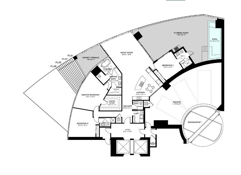 2D floor plan layout for the RESIDENCE BACALAR - Floors 49 - 61 by Dezer Development in Bentley Residences, Sunny Isles Beach, FL (Image 1).