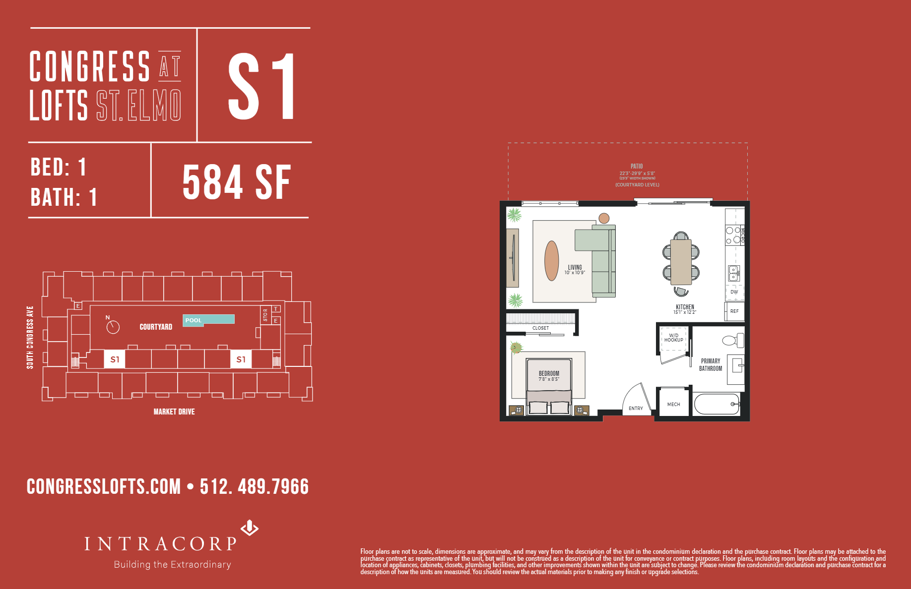 2D floor plan layout for the S1 by Intracorp in Congress Lofts Saint Elmo, Austin, TX (Image 1).