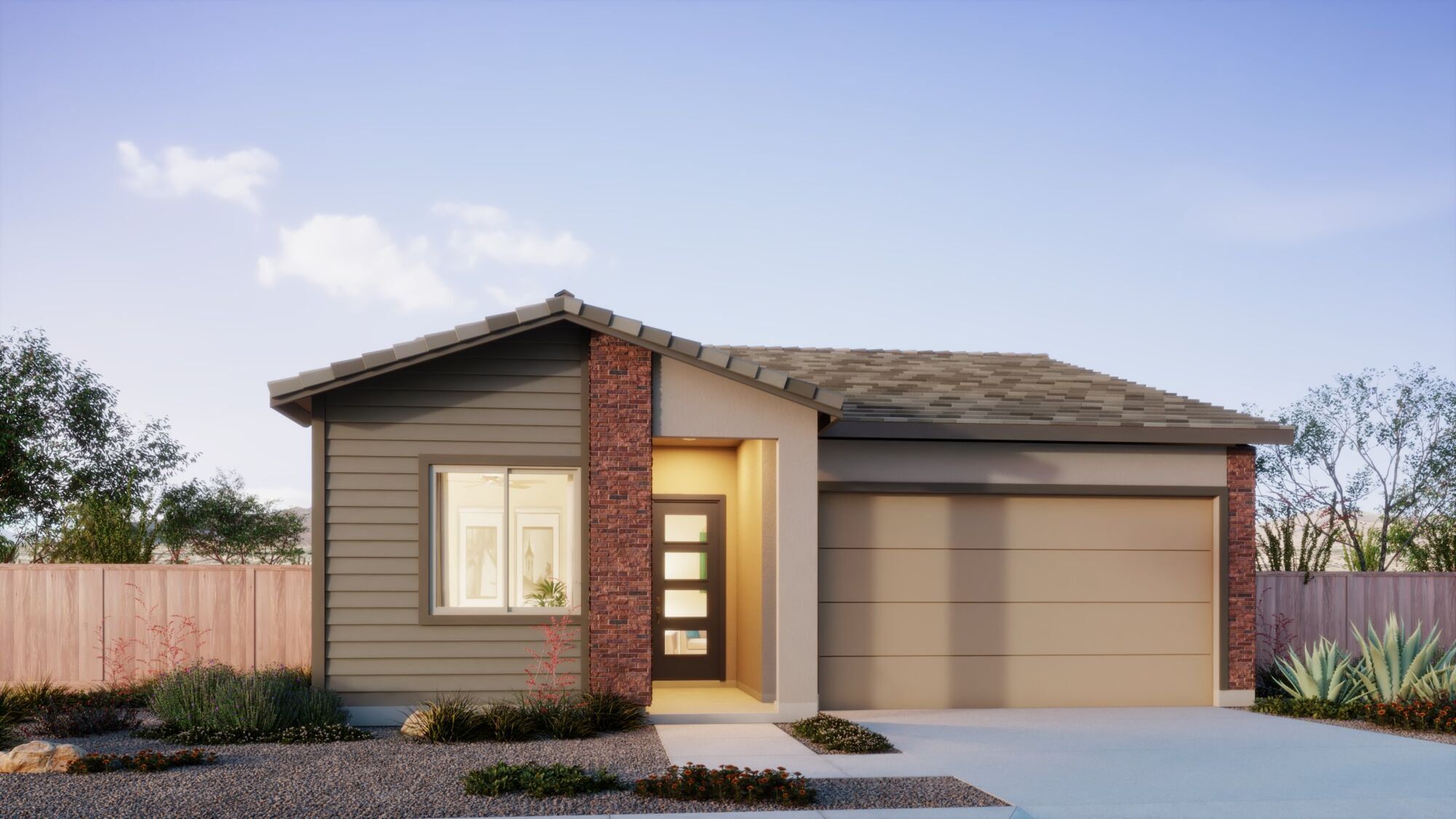 Front exterior of a new home in Saguaro Reserve II, Marana, AZ, highlighting curb appeal (Image 1). Front exterior of a new home in Saguaro Reserve II, Marana, AZ, highlighting curb appeal (Image 1).