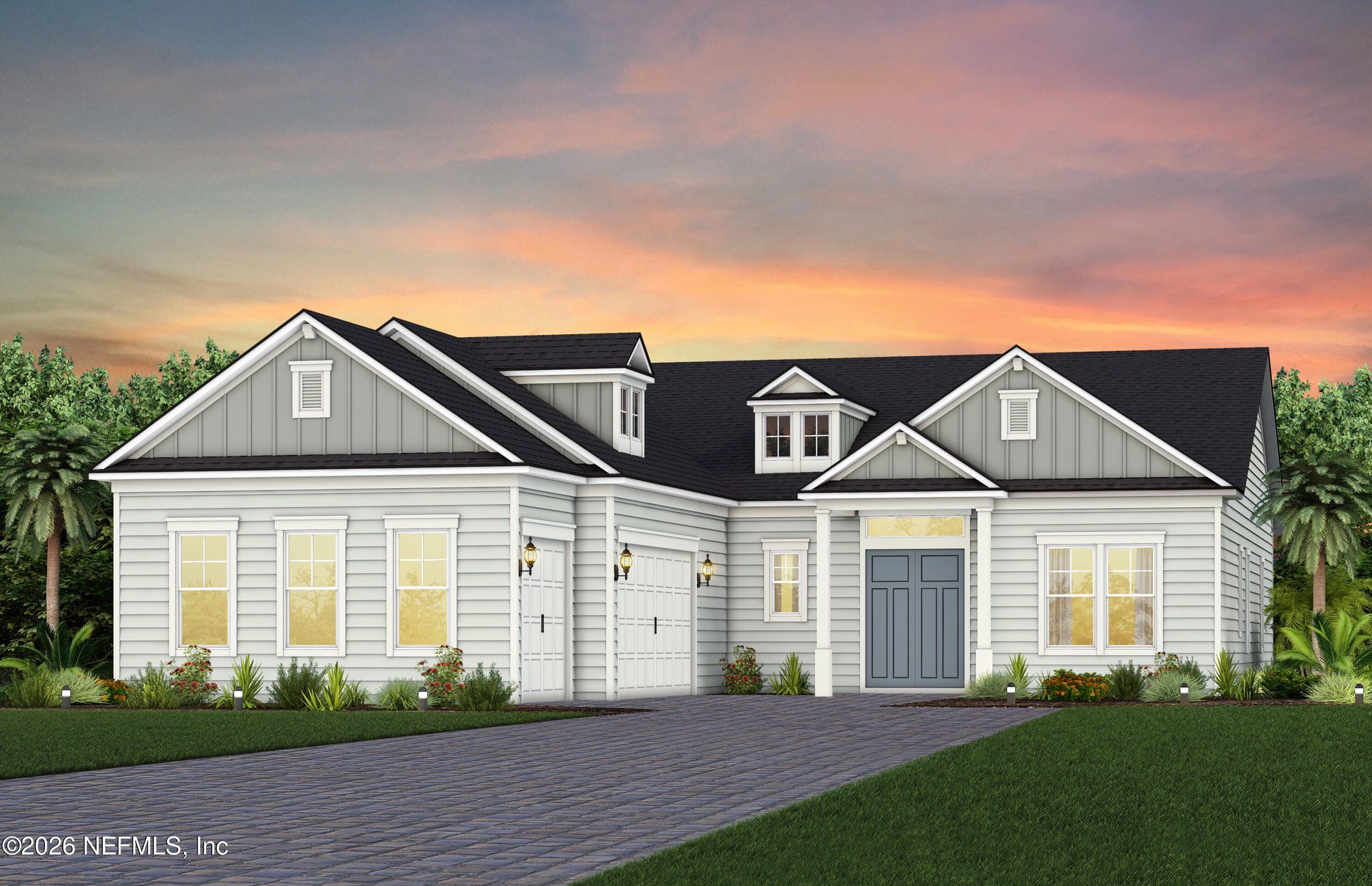 Front exterior of a new home in , St. Johns, FL, highlighting curb appeal (Image 1). Front exterior of a new home in , St. Johns, FL, highlighting curb appeal (Image 1).