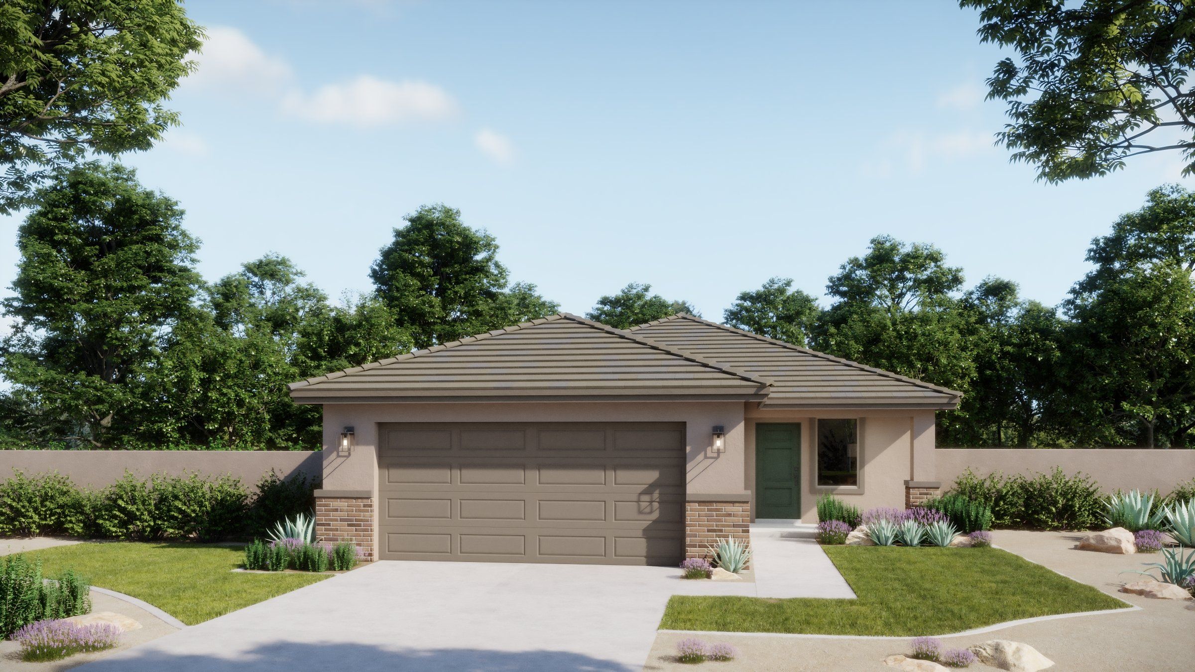 Front exterior of a new home in Wildera, San Tan Valley, AZ, highlighting curb appeal (Image 1). Front exterior of a new home in Wildera, San Tan Valley, AZ, highlighting curb appeal (Image 1).