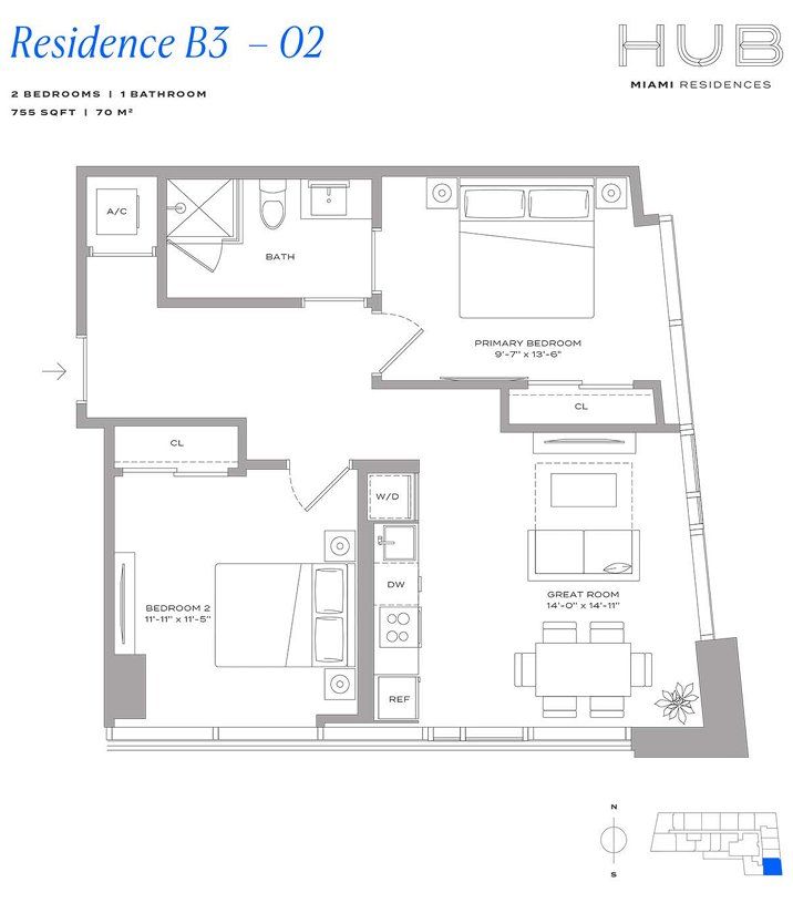 2D floor plan layout for the Residence B3 02 by The John Buck Company in HUB Miami, Miami, FL (Image 1).