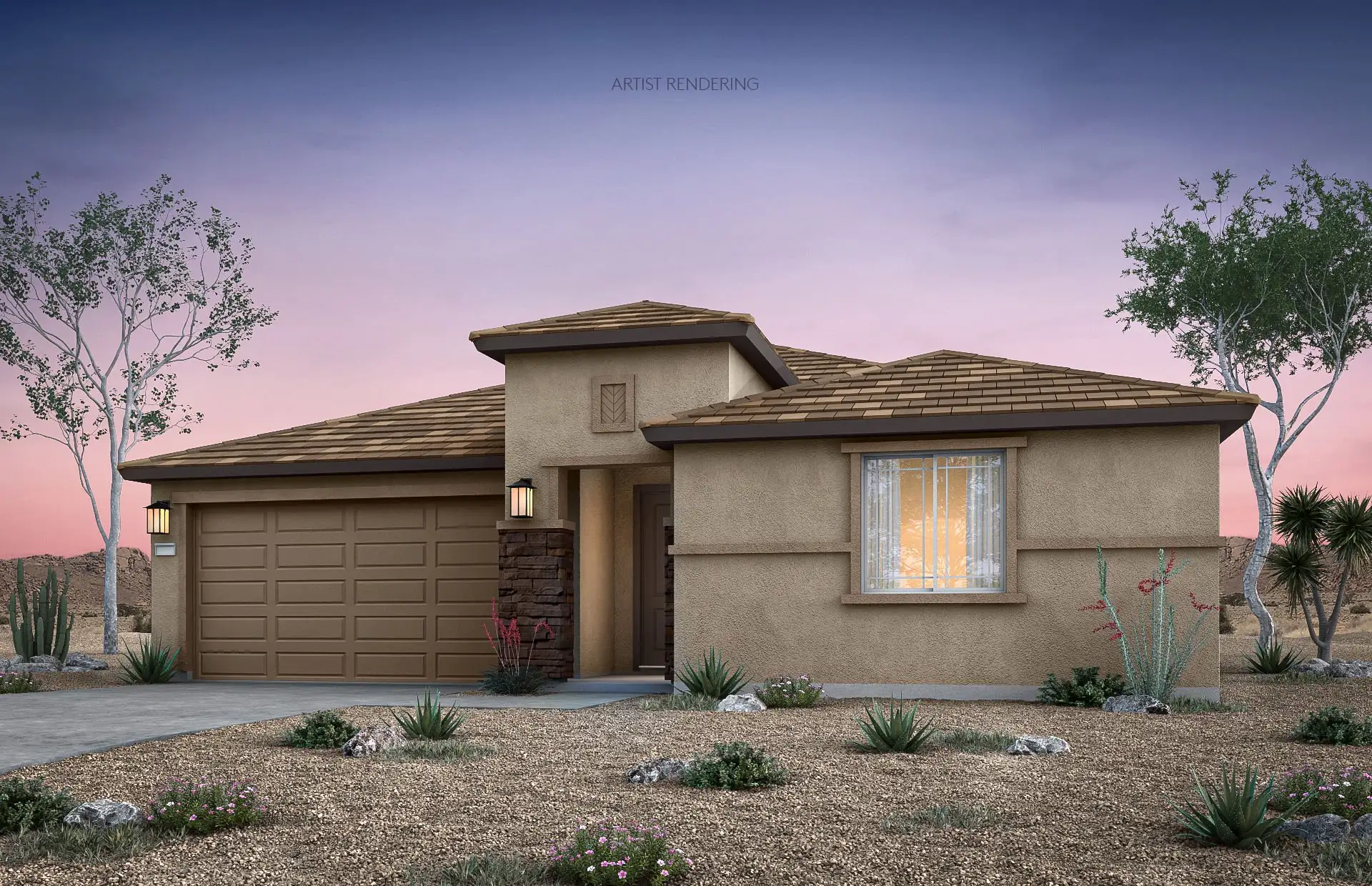 Front exterior of a new home in El Rancho Santa Rosa, Maricopa, AZ, highlighting curb appeal (Image 1). Front exterior of a new home in El Rancho Santa Rosa, Maricopa, AZ, highlighting curb appeal (Image 1).
