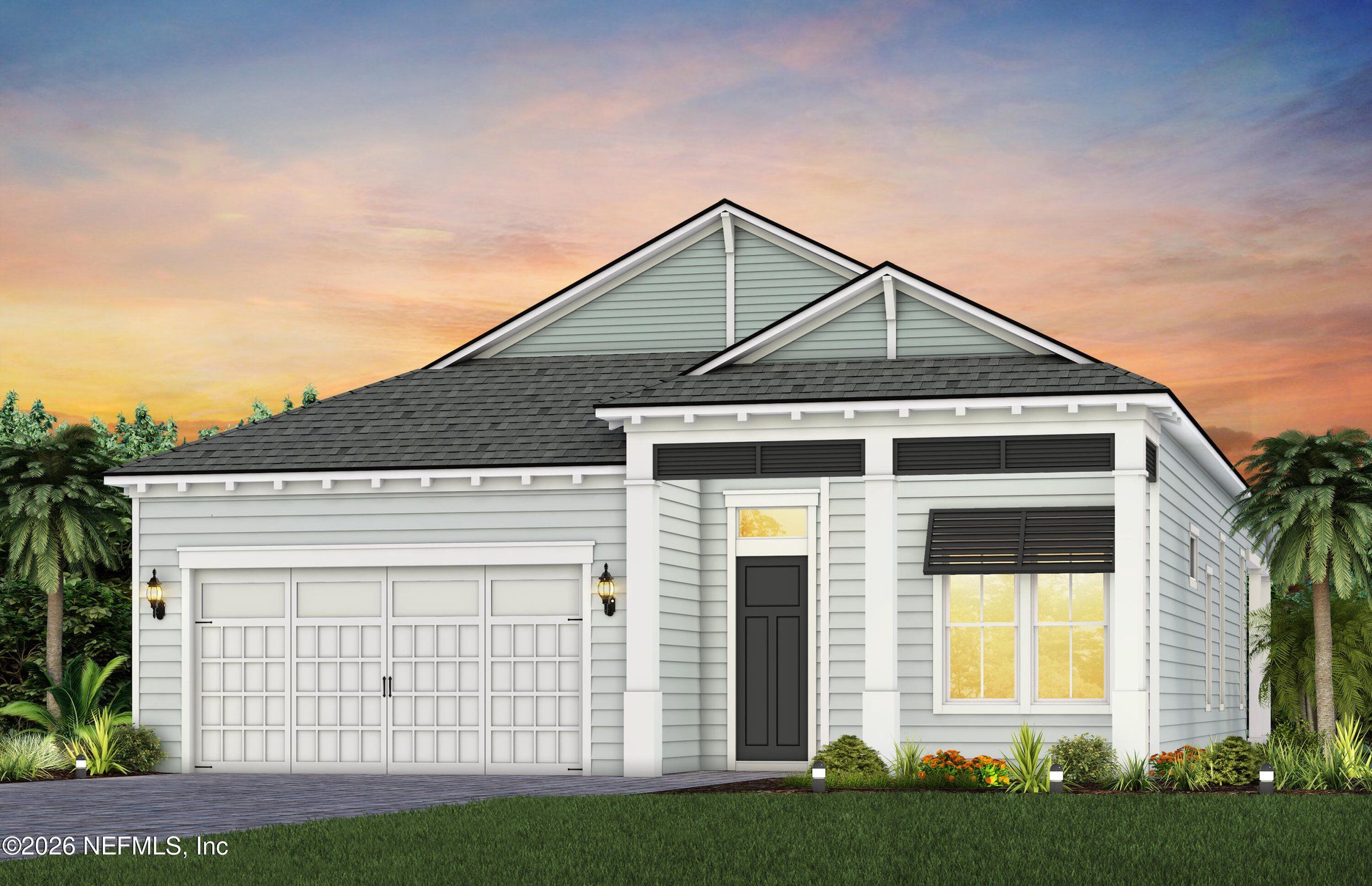 Front exterior of a new home in , St. Johns, FL, highlighting curb appeal (Image 1). Front exterior of a new home in , St. Johns, FL, highlighting curb appeal (Image 1).