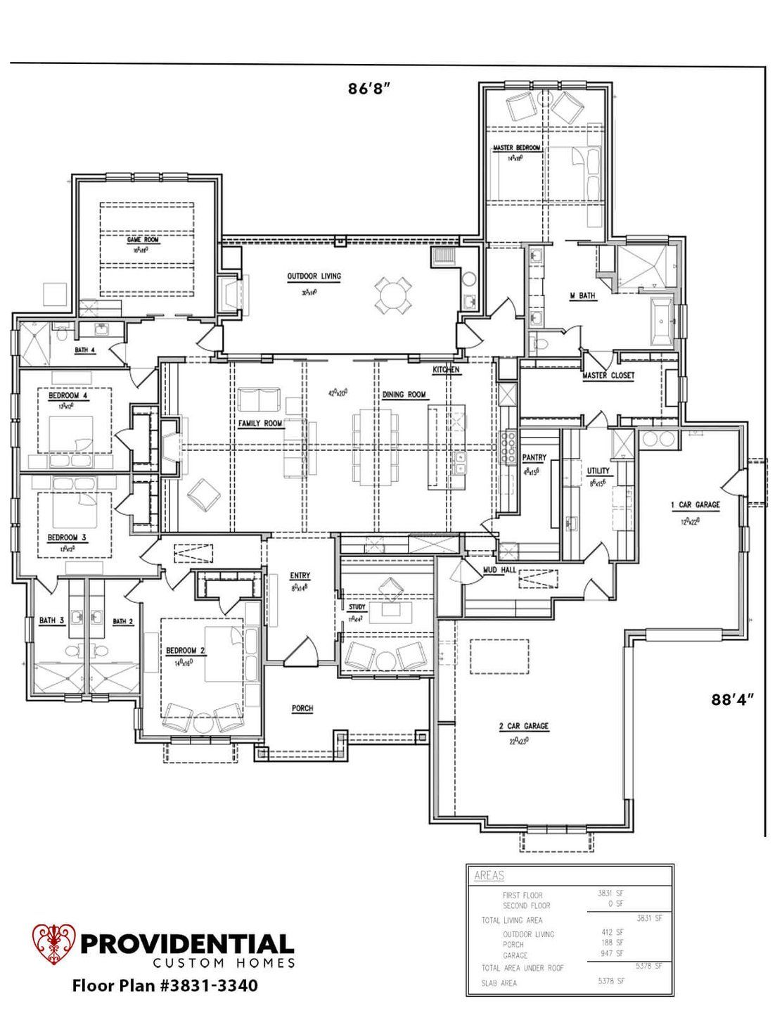 2D floor plan layout for the Plan 3340 by PROVIDENTIAL CUSTOM HOMES in Eden Ranch, Lewisville, TX (Image 1). 2D floor plan layout for the Plan 3340 by PROVIDENTIAL CUSTOM HOMES in Eden Ranch, Lewisville, TX (Image 1).