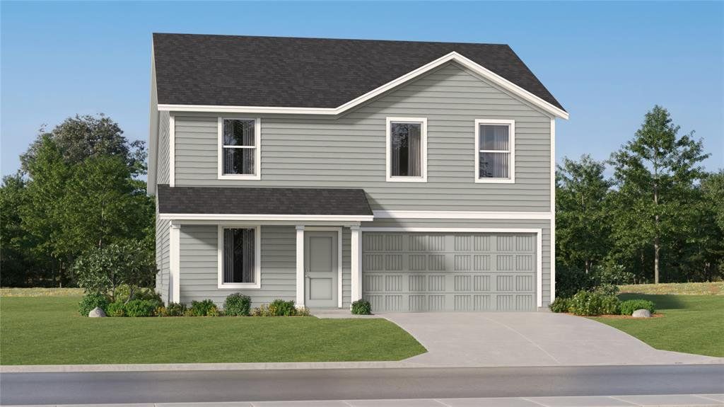 Two-story residence featuring light gray horizontal siding and white trim Two-story residence featuring light gray horizontal siding and white trim