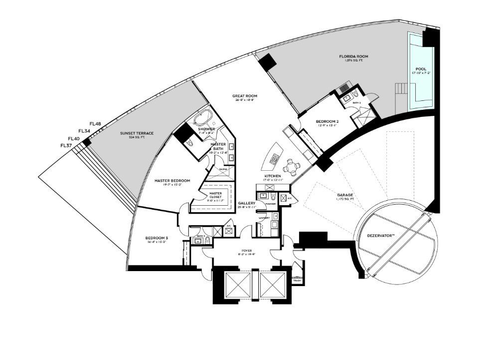 2D floor plan layout for the RESIDENCE BACALAR - Floors 37 - 48 by Dezer Development in Bentley Residences, Sunny Isles Beach, FL (Image 1).
