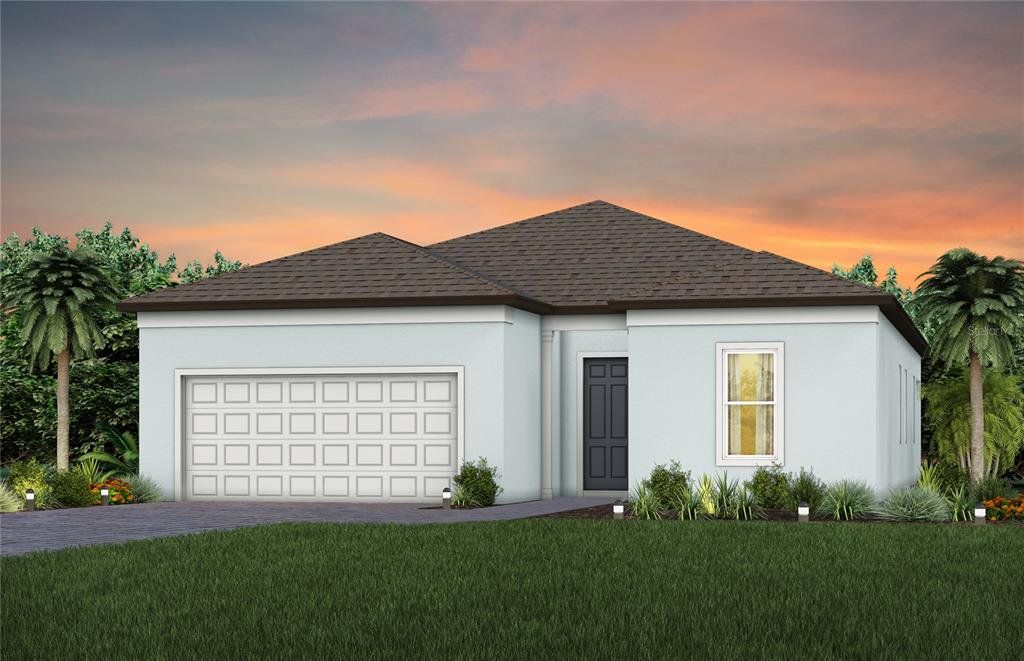 Front exterior of a new home in Del Webb Sunchase, Parrish, FL, highlighting curb appeal (Image 1). Front exterior of a new home in Del Webb Sunchase, Parrish, FL, highlighting curb appeal (Image 1).