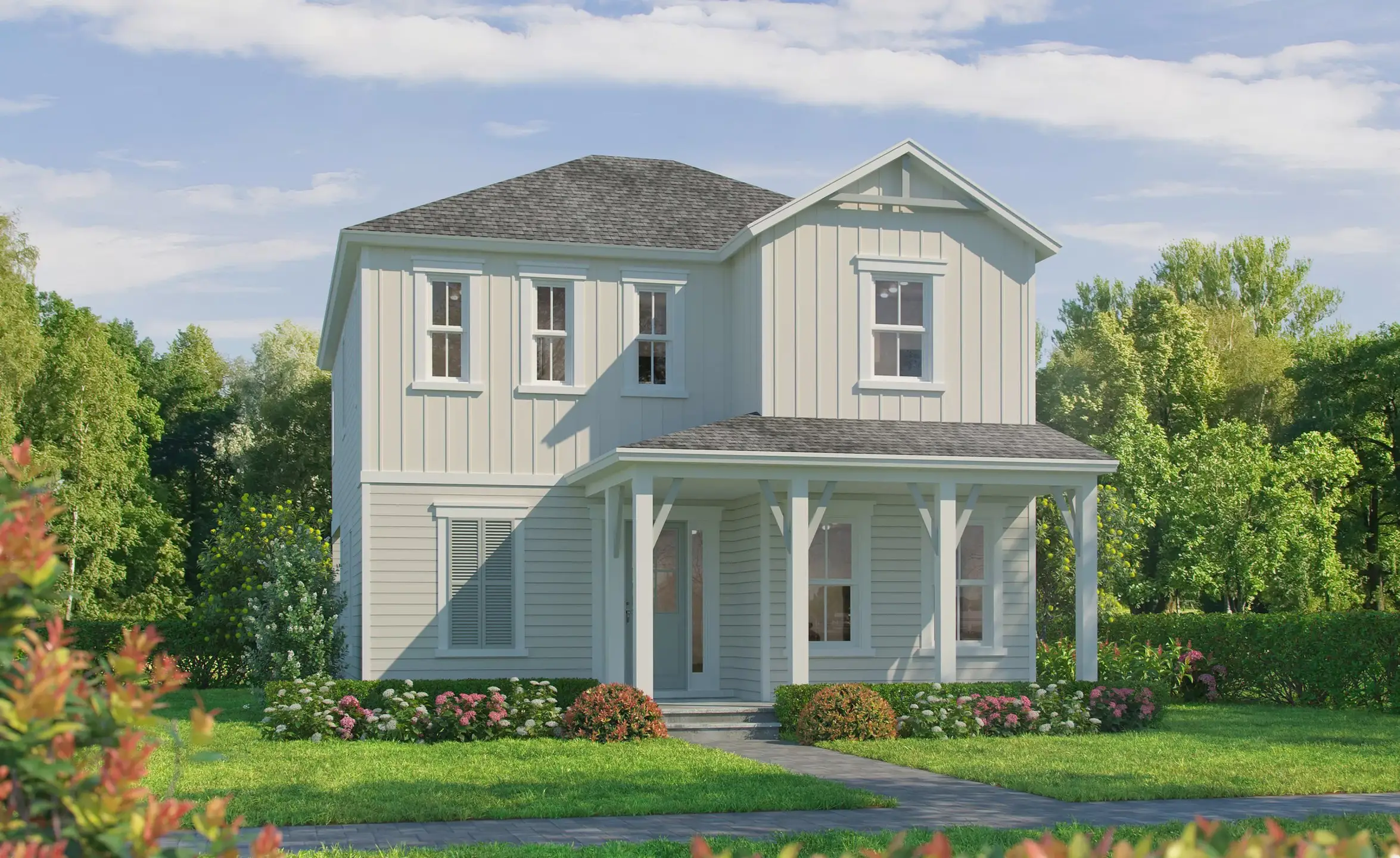 Front exterior of a new home in Seven Pines, Jacksonville, FL, highlighting curb appeal (Image 1). Front exterior of a new home in Seven Pines, Jacksonville, FL, highlighting curb appeal (Image 1).