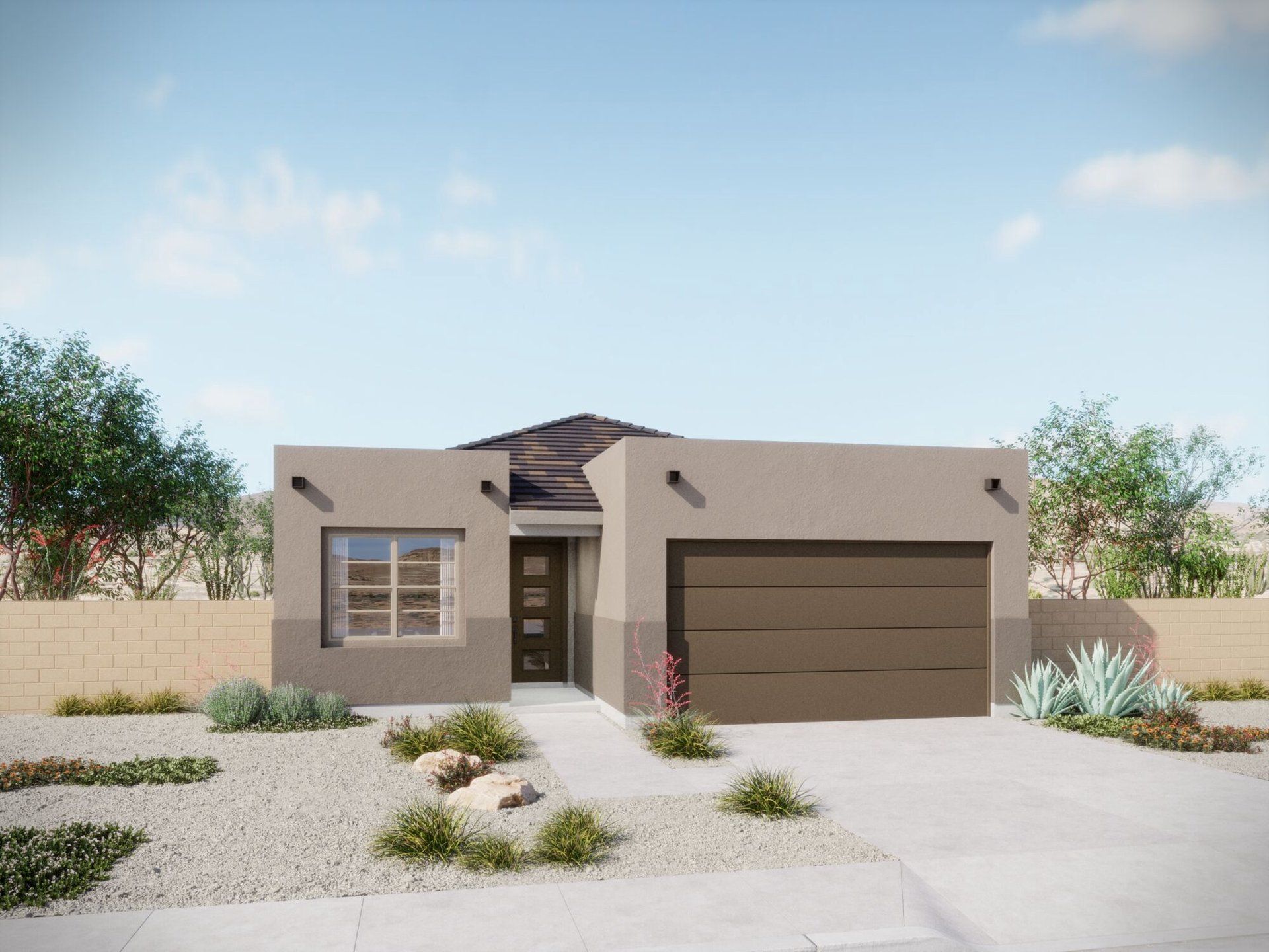 Front exterior of a new home in Silverbell Ridge, Marana, AZ, highlighting curb appeal (Image 1). Front exterior of a new home in Silverbell Ridge, Marana, AZ, highlighting curb appeal (Image 1).