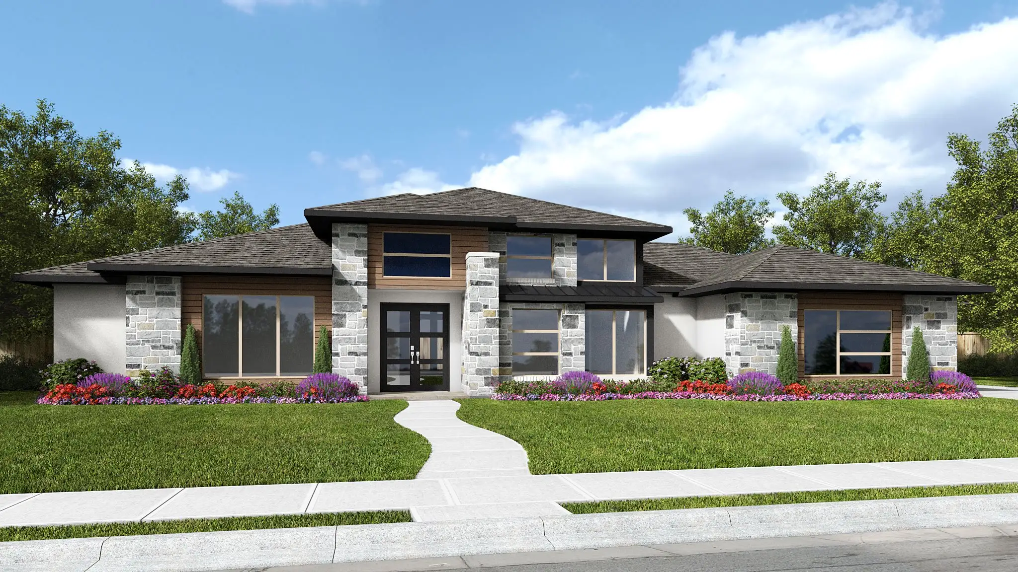 Front exterior of a new home in Thornebrook 1 Acre, Bulverde, TX, highlighting curb appeal (Image 1).