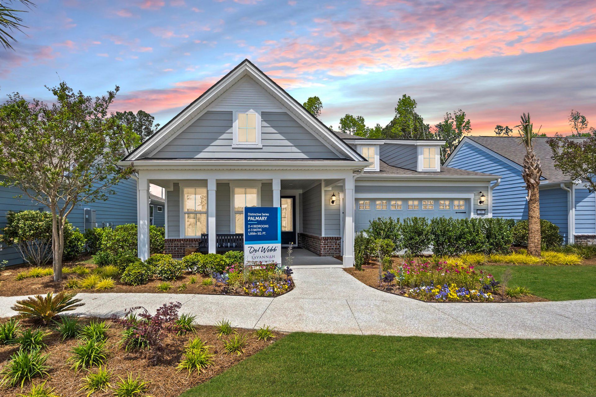 Front exterior of a new home in Del Webb Savannah at Heartwood, Richmond Hill, GA, highlighting curb appeal (Image 1). Front exterior of a new home in Del Webb Savannah at Heartwood, Richmond Hill, GA, highlighting curb appeal (Image 1).