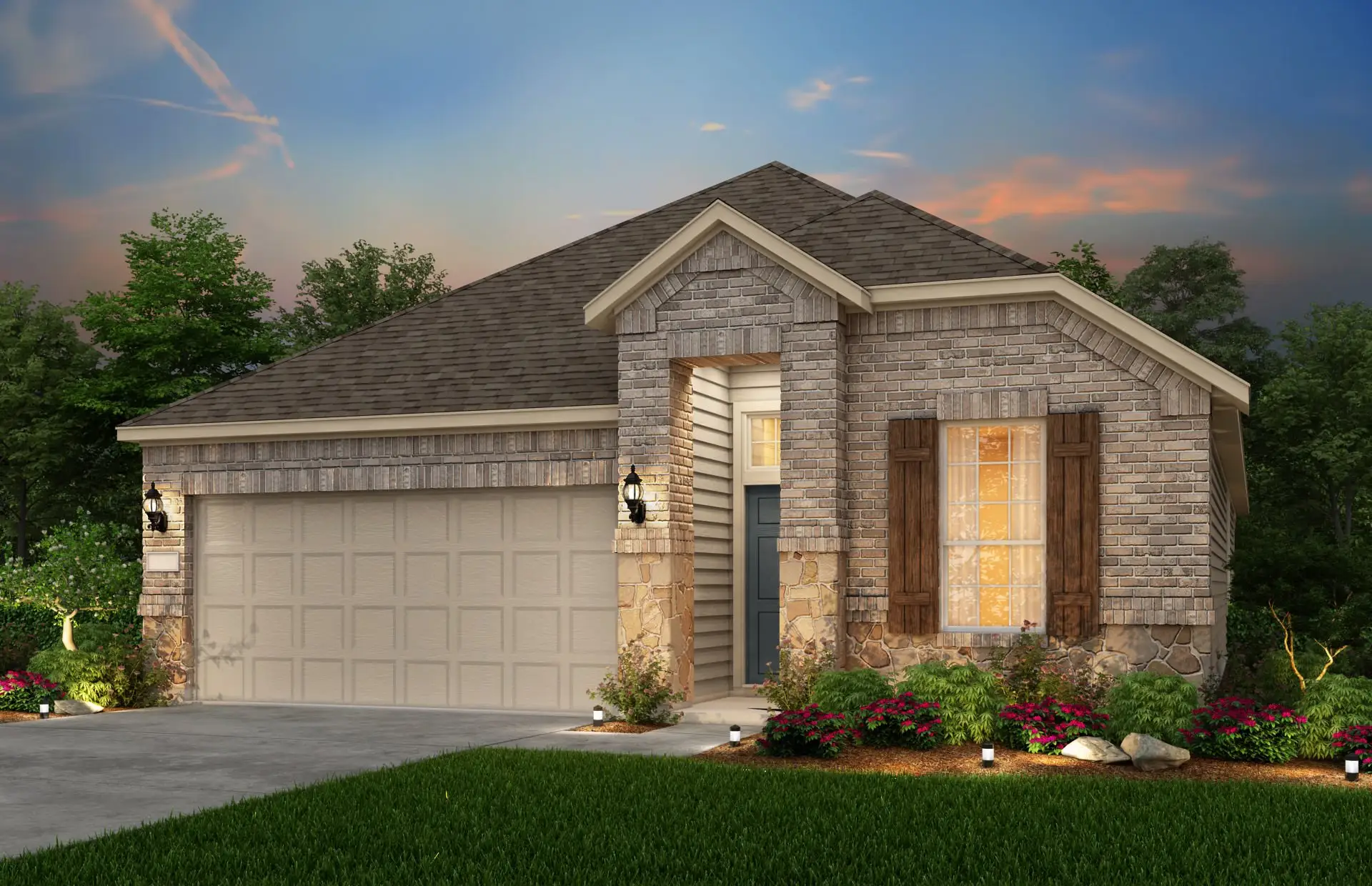 Front exterior of a new home in Mavera, Conroe, TX, highlighting curb appeal (Image 1).