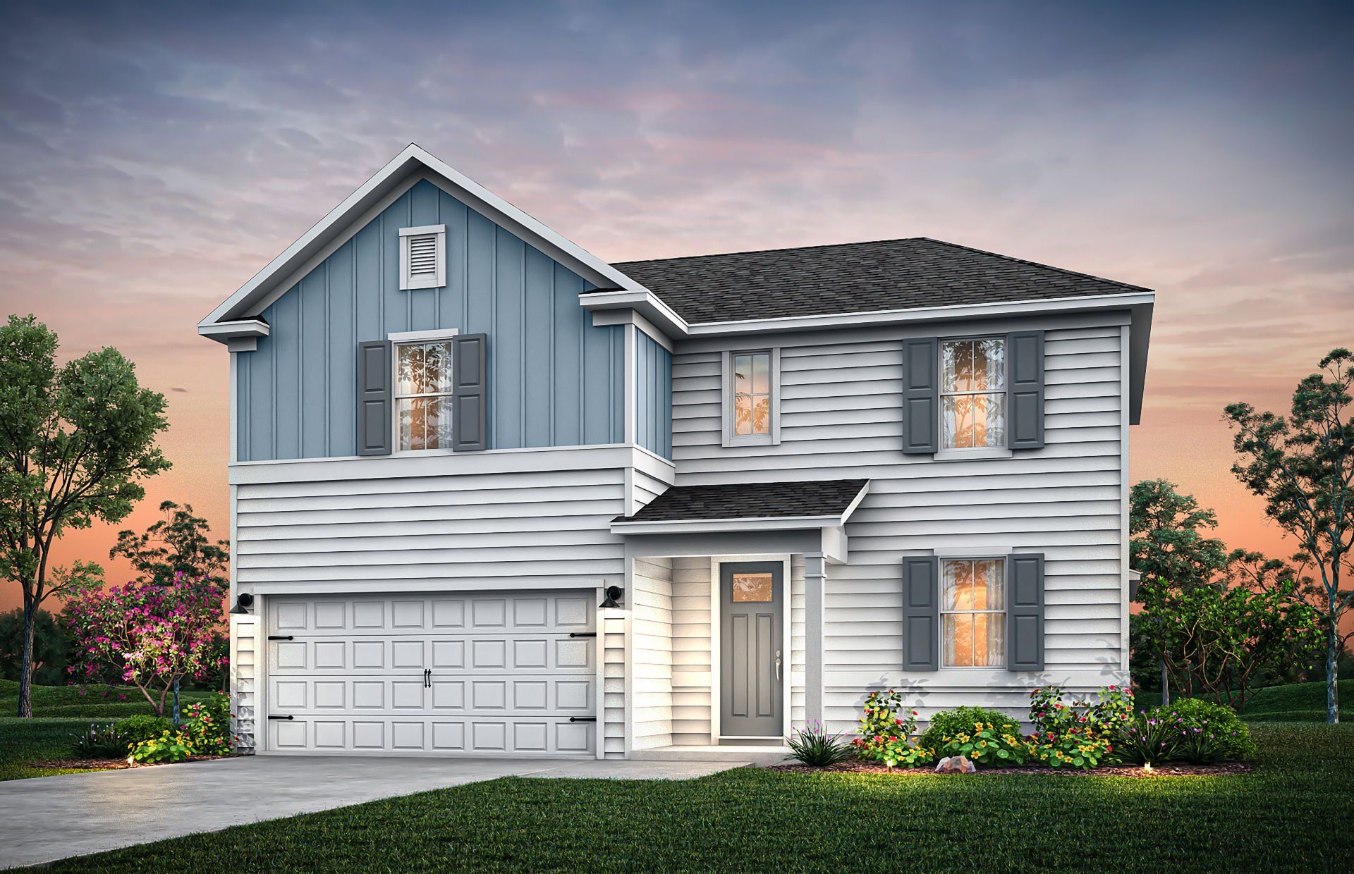 Front exterior of a new home in Sweetwater Hills, Moore, SC, highlighting curb appeal (Image 1).