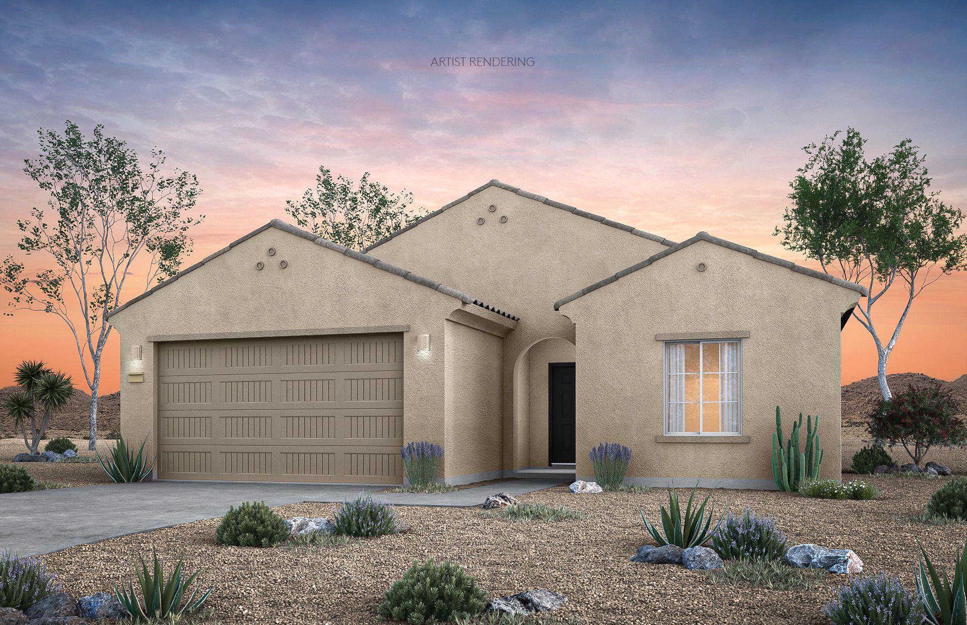Front exterior of a new home in El Rancho Santa Rosa, Maricopa, AZ, highlighting curb appeal (Image 1). Front exterior of a new home in El Rancho Santa Rosa, Maricopa, AZ, highlighting curb appeal (Image 1).
