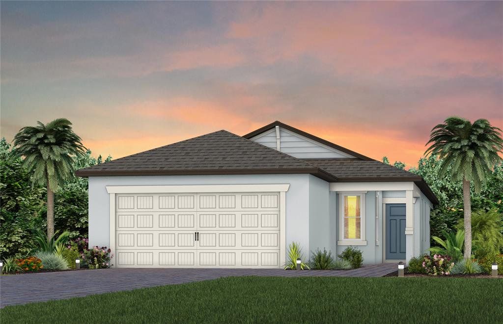 Front exterior of a new home in Del Webb Sunchase, Parrish, FL, highlighting curb appeal (Image 1). Front exterior of a new home in Del Webb Sunchase, Parrish, FL, highlighting curb appeal (Image 1).
