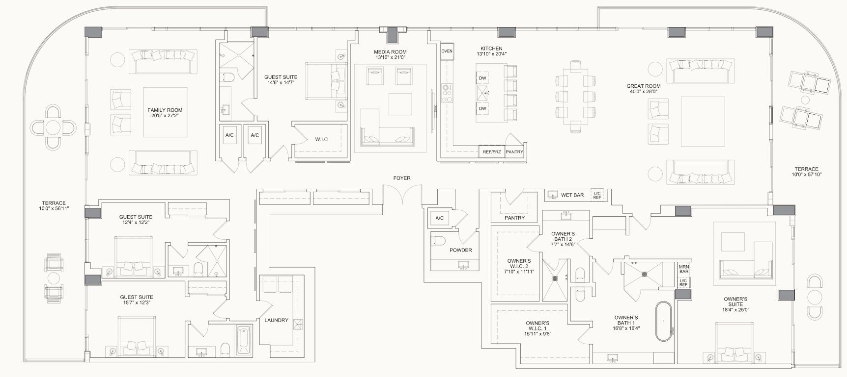 2D floor plan layout for the Penthouse Two South Tower by Kolter Urban in Selene Oceanfront Residences, Fort Lauderdale, FL (Image 1).