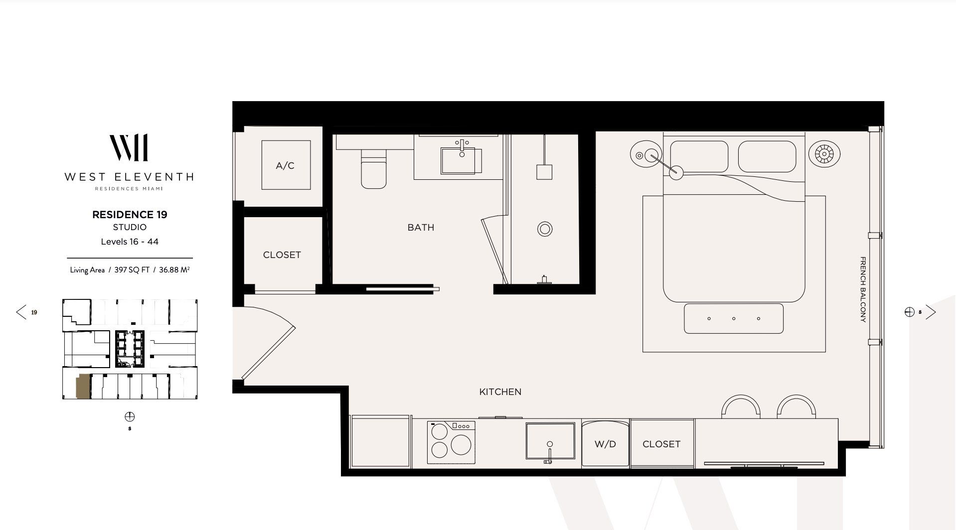 2D floor plan layout for the Residence 19 by Property Markets Group in West Eleventh Residences, Miami, FL (Image 1).