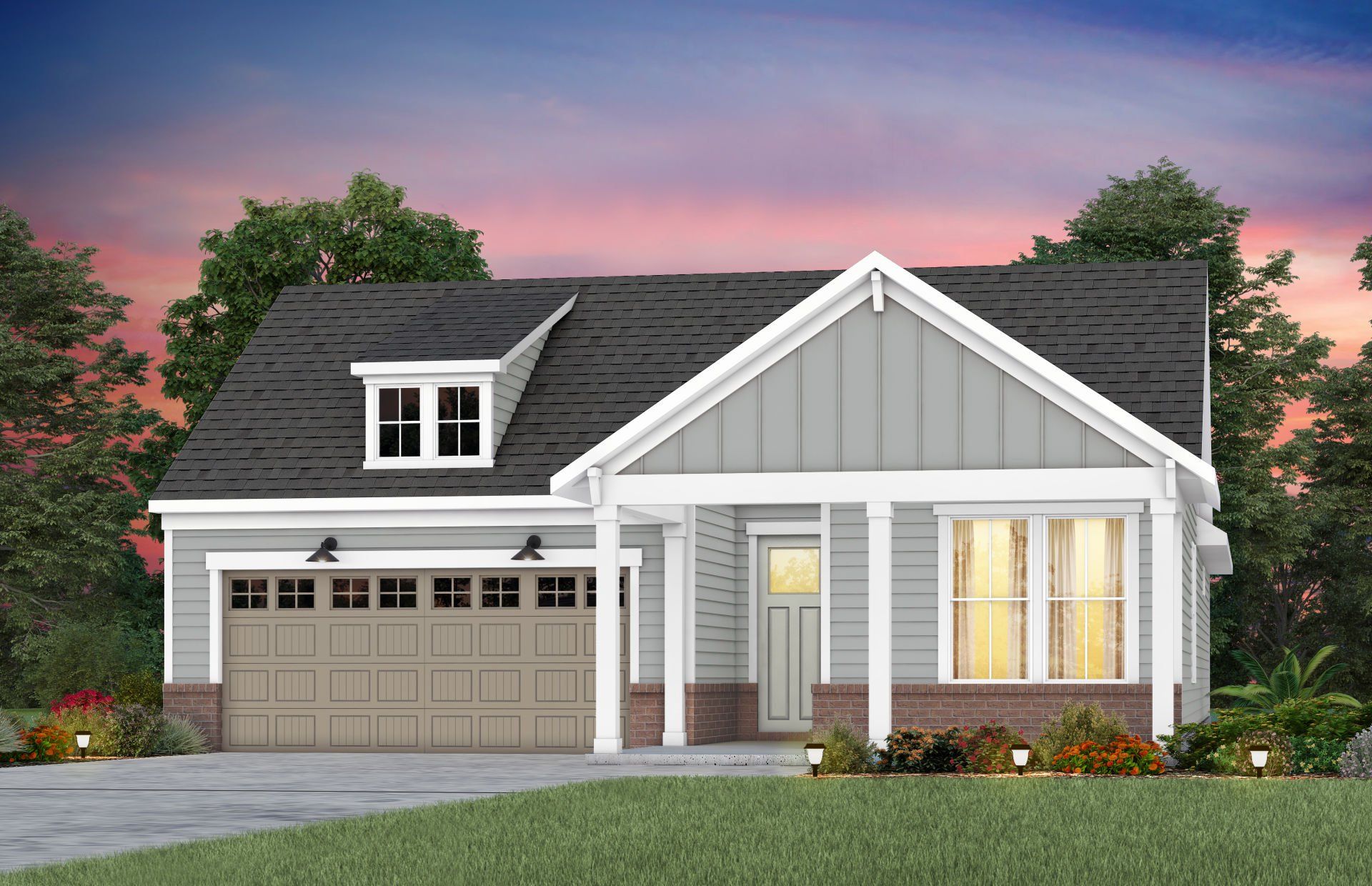 Front exterior of a new home in Carolina Riverside, Belmont, NC, highlighting curb appeal (Image 1).