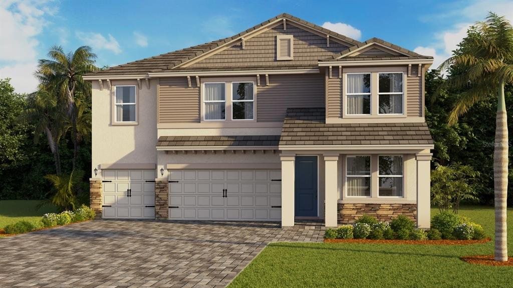 Front exterior of a new home in Hammock at Two Rivers, Zephyrhills, FL, highlighting curb appeal (Image 1). Front exterior of a new home in Hammock at Two Rivers, Zephyrhills, FL, highlighting curb appeal (Image 1).