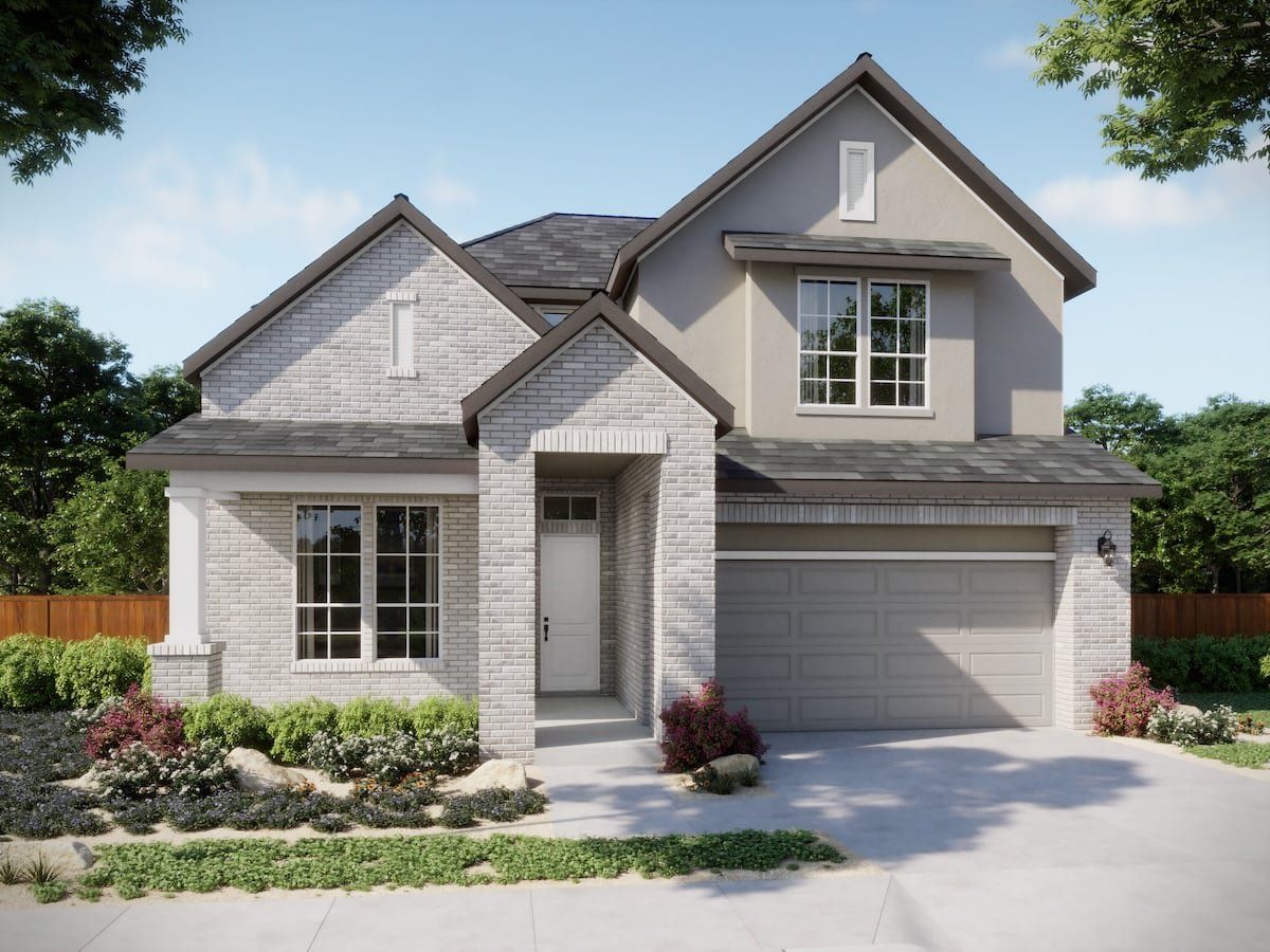 Front exterior of a new home in Persimmon, Buda, TX, highlighting curb appeal (Image 1). Front exterior of a new home in Persimmon, Buda, TX, highlighting curb appeal (Image 1).