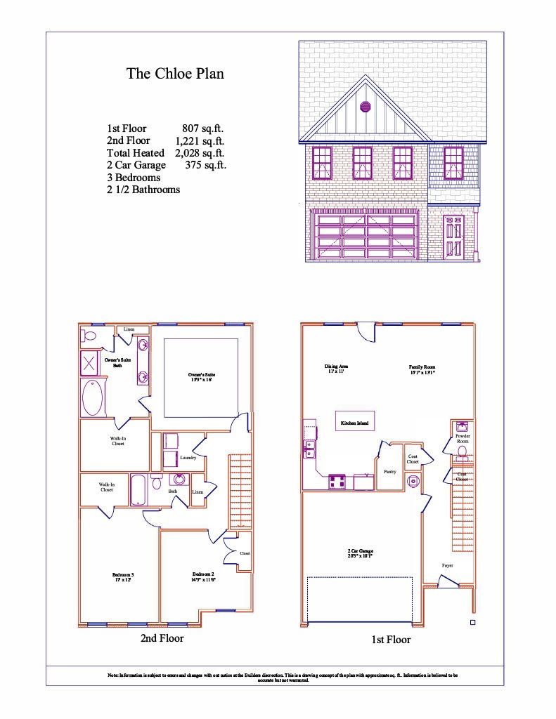 2D floor plan layout for the The Chloe by Hadi Builders in Brookmont, Douglasville, GA (Image 1).