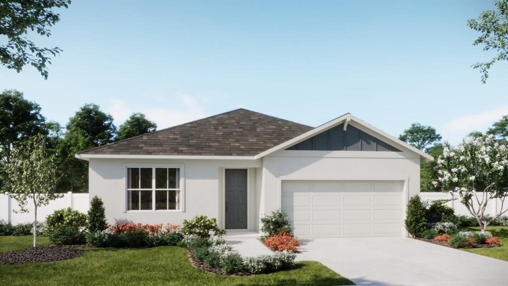 Front exterior of a new home in Hodges Reserve, Howey-in-the-Hills, FL, highlighting curb appeal (Image 1). Front exterior of a new home in Hodges Reserve, Howey-in-the-Hills, FL, highlighting curb appeal (Image 1).