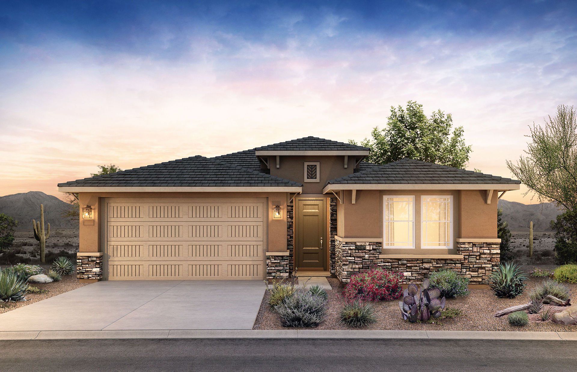 Front exterior of a new home in Foothills at Northpointe, Peoria, AZ, highlighting curb appeal (Image 1). Front exterior of a new home in Foothills at Northpointe, Peoria, AZ, highlighting curb appeal (Image 1).