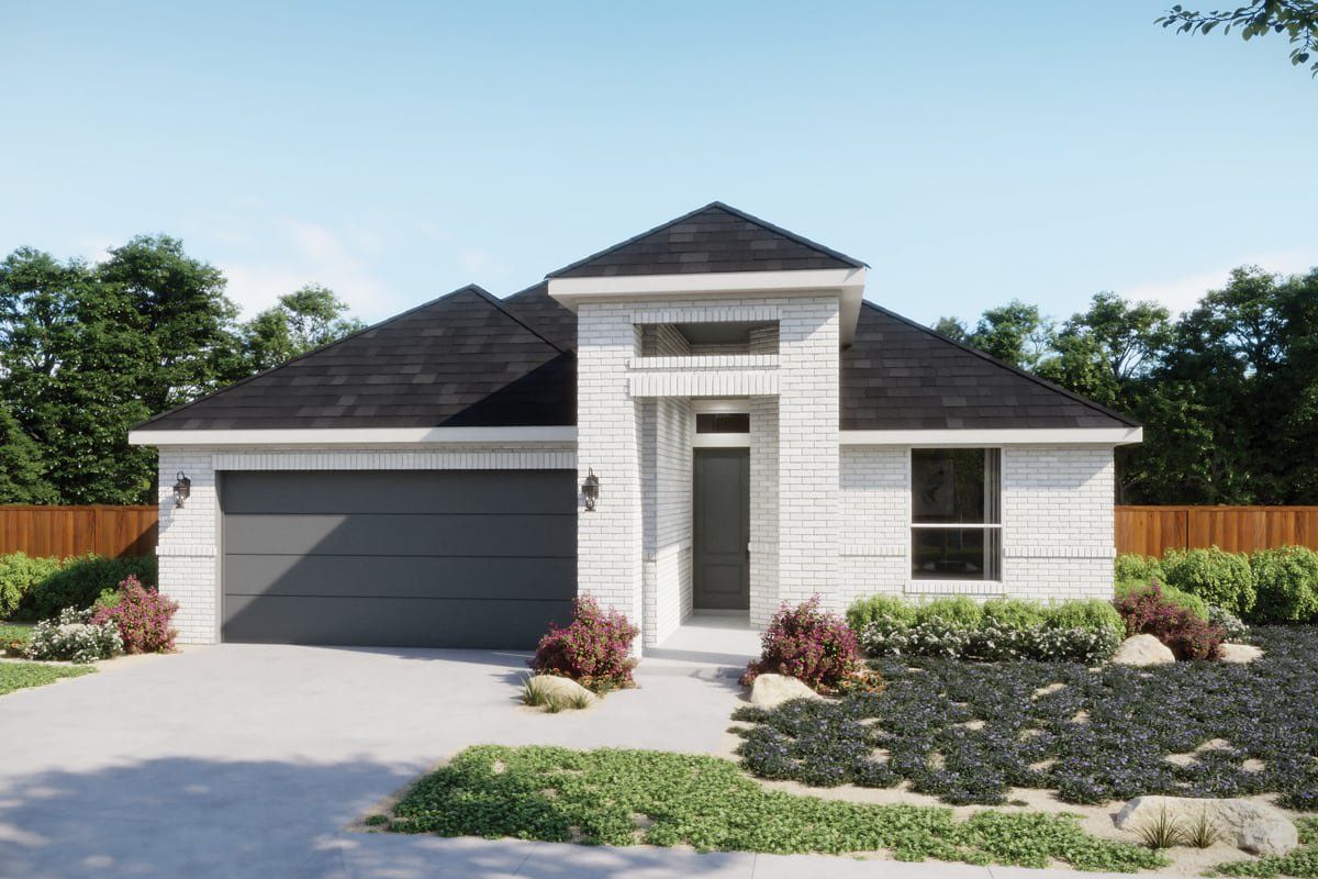 Front exterior of a new home in Persimmon, Buda, TX, highlighting curb appeal (Image 1). Front exterior of a new home in Persimmon, Buda, TX, highlighting curb appeal (Image 1).