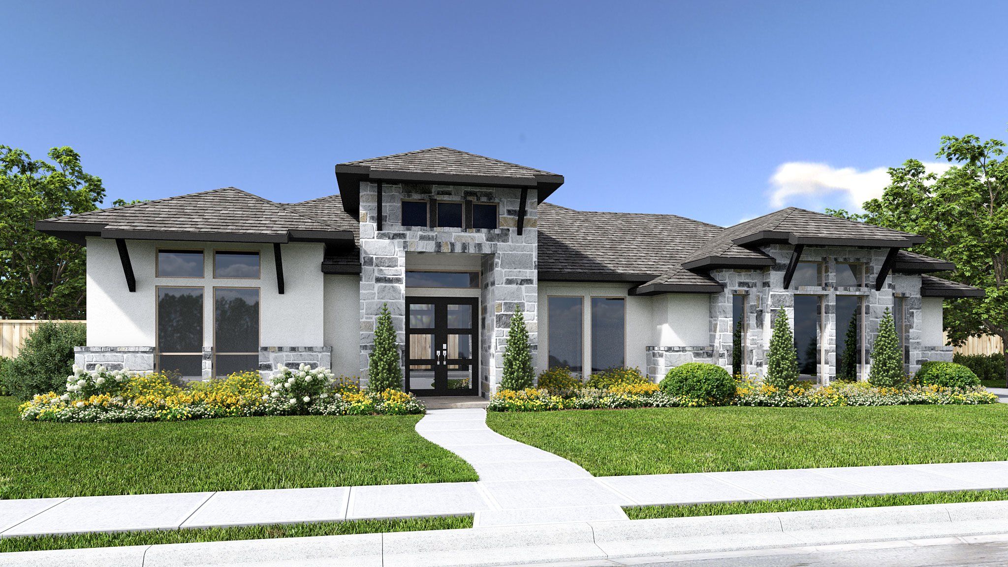 Front exterior of a new home in Megan's Landing, Castroville, TX, highlighting curb appeal (Image 1). Front exterior of a new home in Megan's Landing, Castroville, TX, highlighting curb appeal (Image 1).