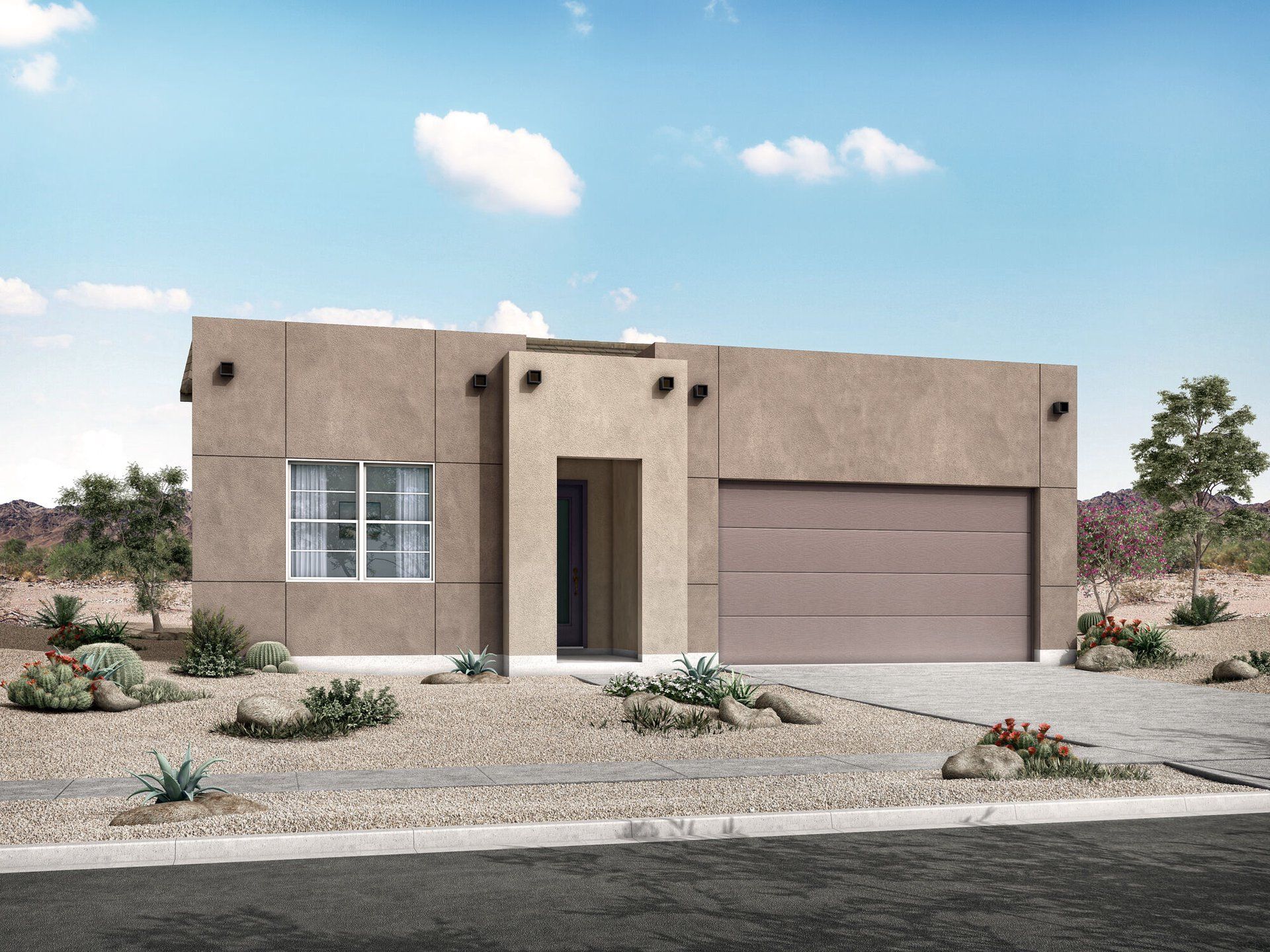 Front exterior of a new home in Pinnacle at San Tan Heights, San Tan Valley, AZ, highlighting curb appeal (Image 1).