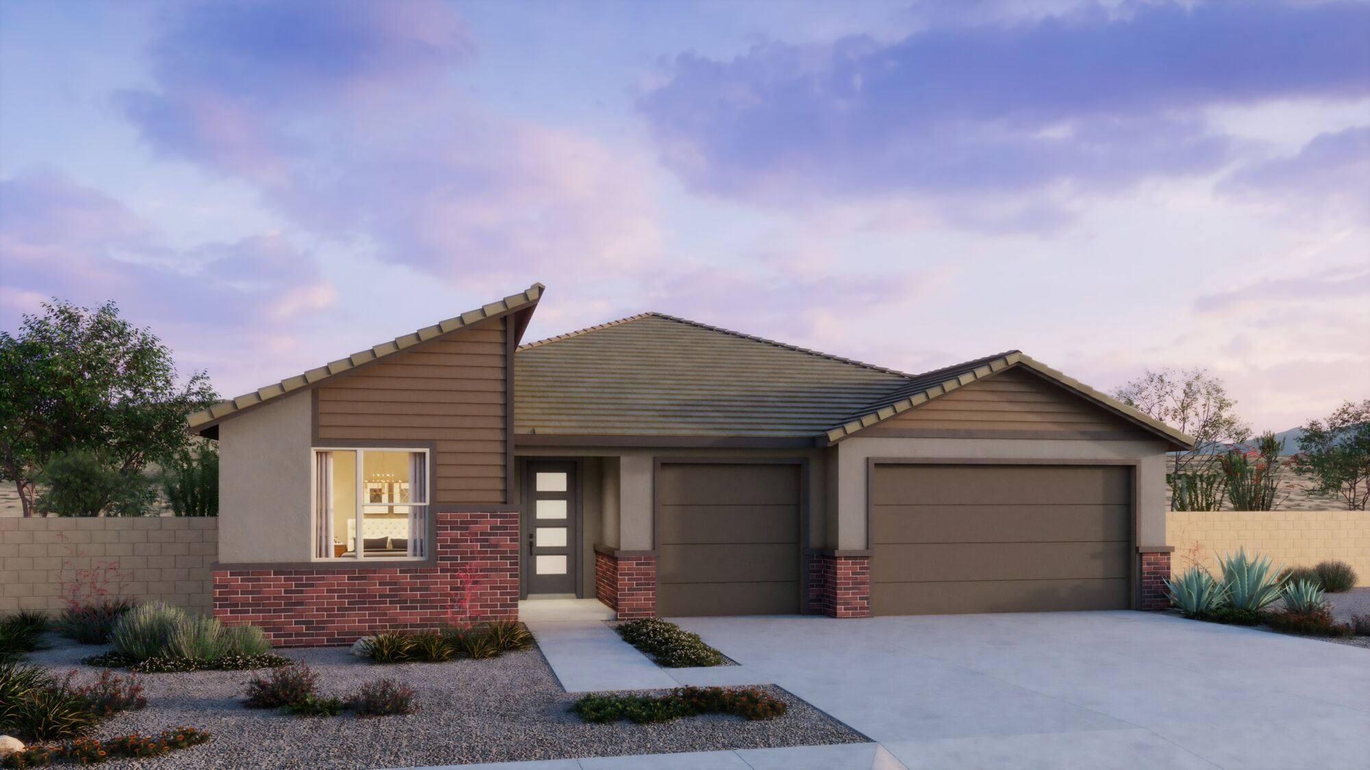 Front exterior of a new home in Montelena, Marana, AZ, highlighting curb appeal (Image 1). Front exterior of a new home in Montelena, Marana, AZ, highlighting curb appeal (Image 1).