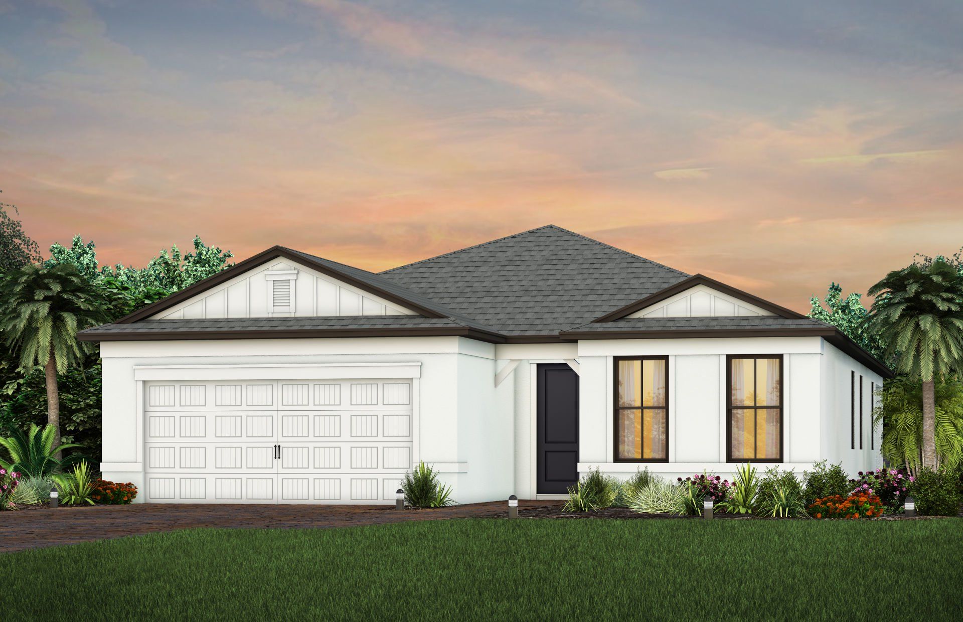 Front exterior of a new home in Cedar Grove at The Woodlands, North Port, FL, highlighting curb appeal (Image 1). Front exterior of a new home in Cedar Grove at The Woodlands, North Port, FL, highlighting curb appeal (Image 1).