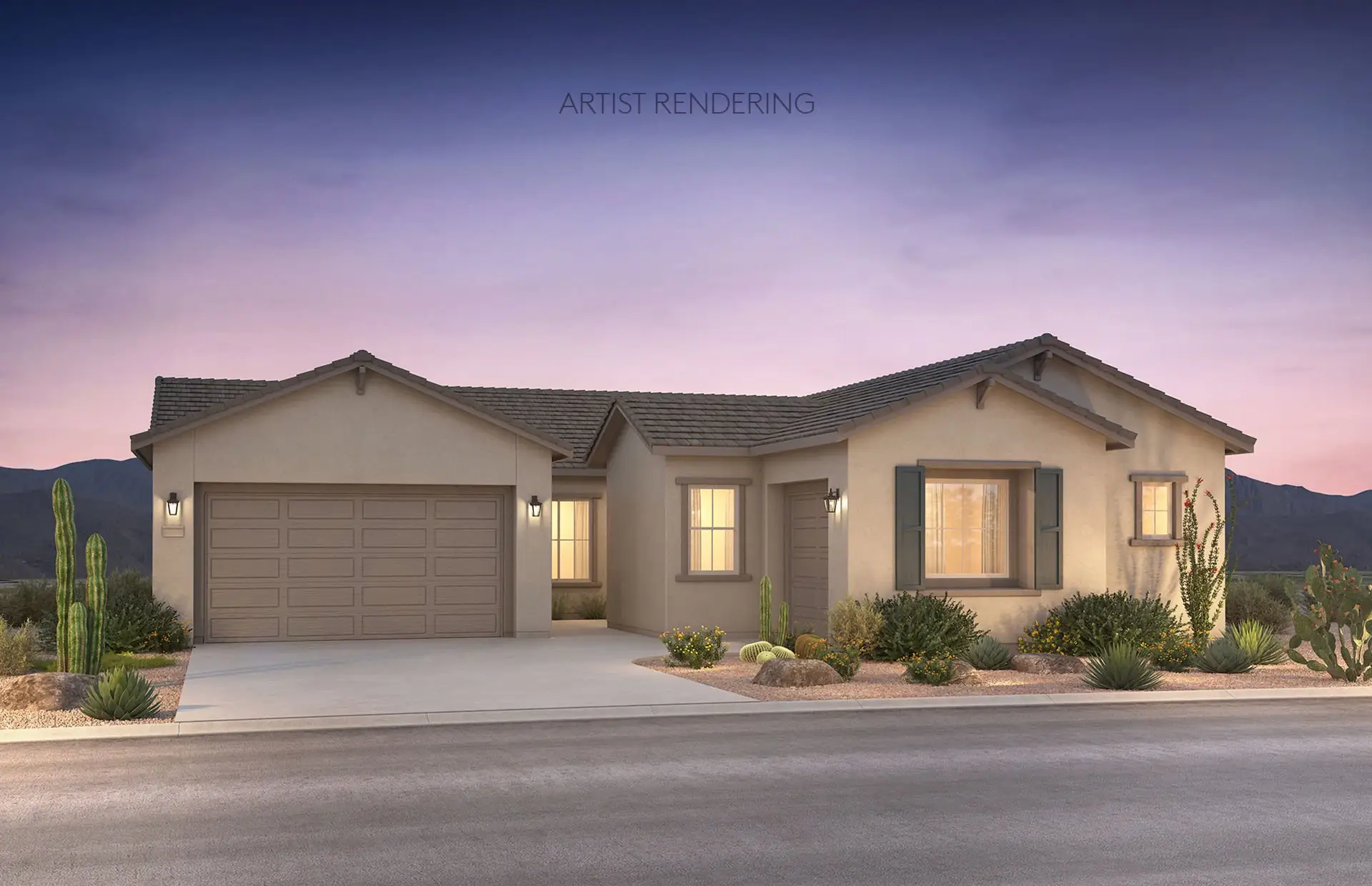 Front exterior of a new home in Vistoso Canyon Estates, Oro Valley, AZ, highlighting curb appeal (Image 1). Front exterior of a new home in Vistoso Canyon Estates, Oro Valley, AZ, highlighting curb appeal (Image 1).