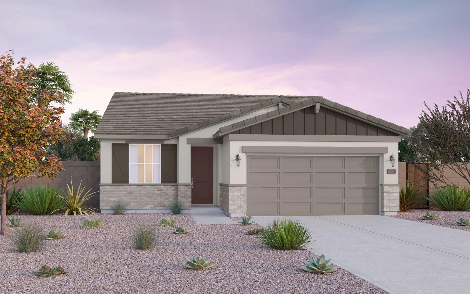 Front exterior of a new home in Highland Sage at Alamar, Avondale, AZ, highlighting curb appeal (Image 1).