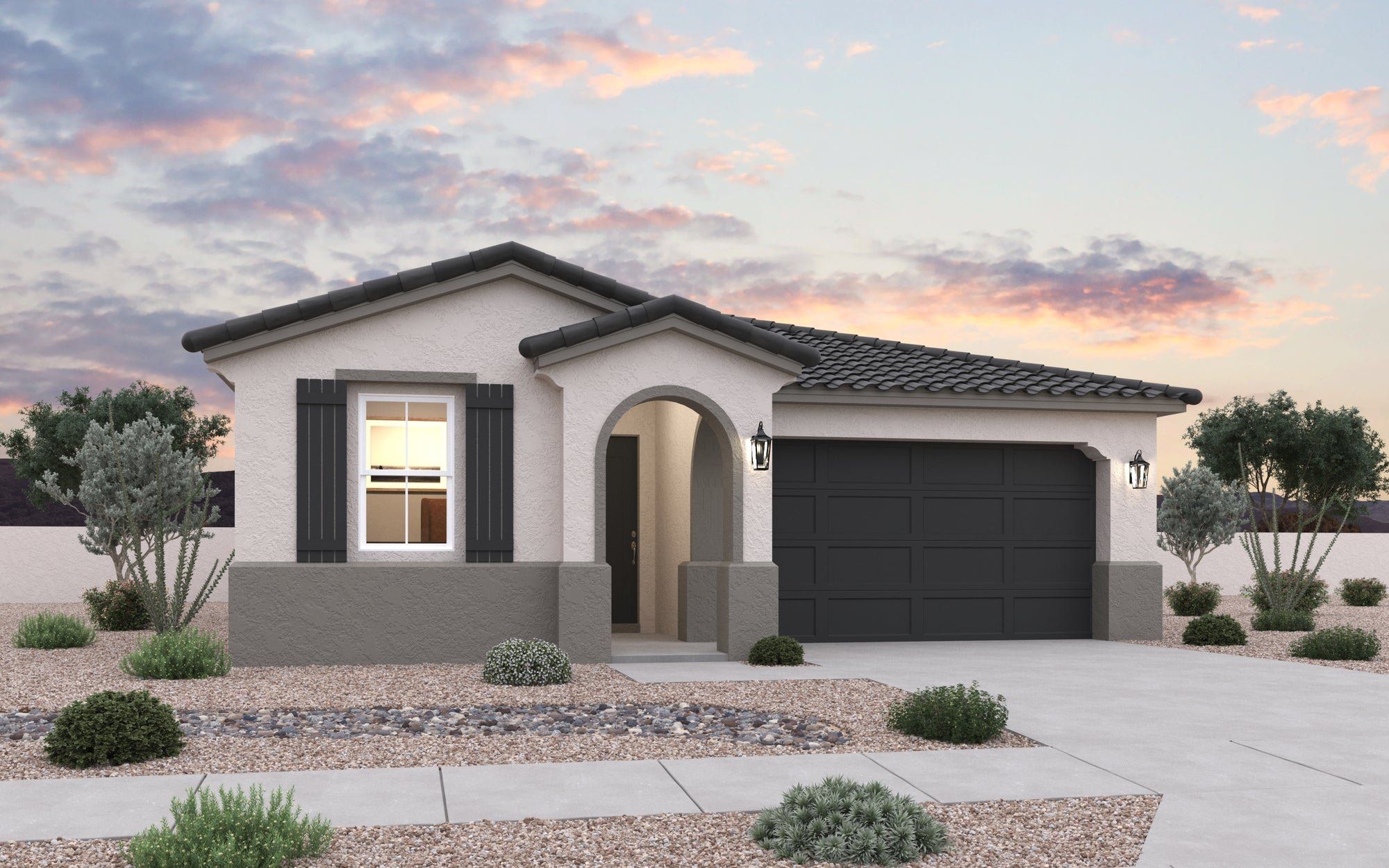Front exterior of a new home in Apache Farms, Buckeye, AZ, highlighting curb appeal (Image 1). Front exterior of a new home in Apache Farms, Buckeye, AZ, highlighting curb appeal (Image 1).