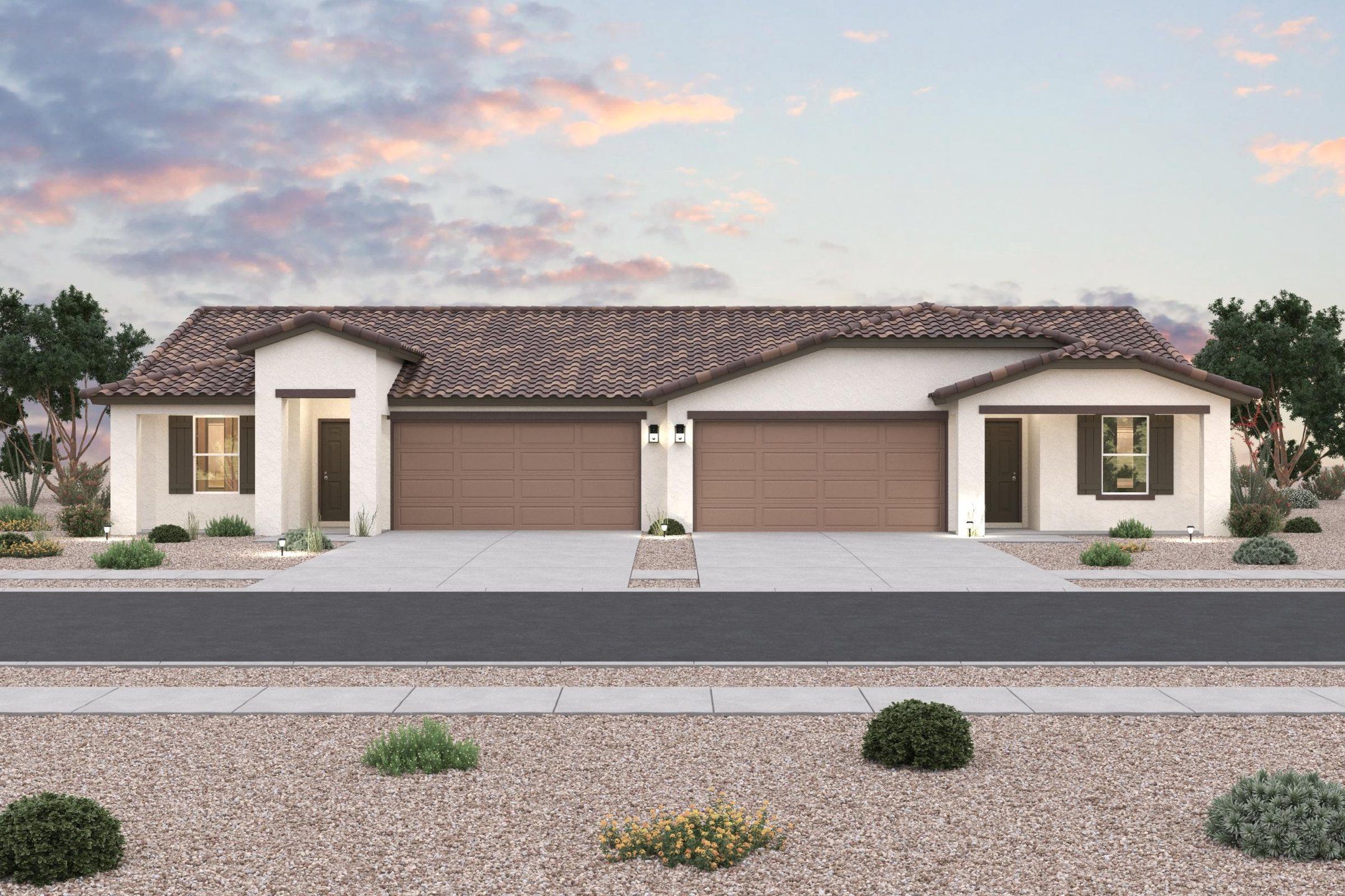 Front exterior of a new home in Arroyo Vistas Collection, Wickenburg, AZ, highlighting curb appeal (Image 1). Front exterior of a new home in Arroyo Vistas Collection, Wickenburg, AZ, highlighting curb appeal (Image 1).