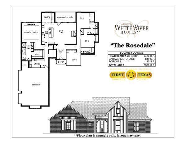 2D floor plan layout for the Rosedale by White River Homes in Eagle Ranch, Salado, TX (Image 1). 2D floor plan layout for the Rosedale by White River Homes in Eagle Ranch, Salado, TX (Image 1).