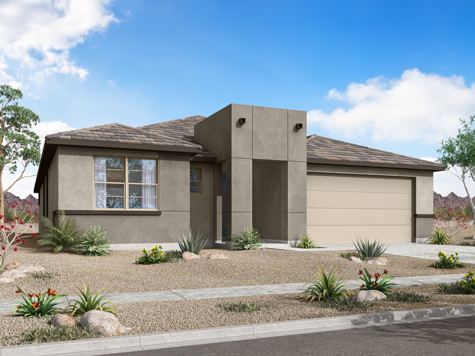 Front exterior of a new home in Las Ventanas, Goodyear, AZ, highlighting curb appeal (Image 1). Front exterior of a new home in Las Ventanas, Goodyear, AZ, highlighting curb appeal (Image 1).