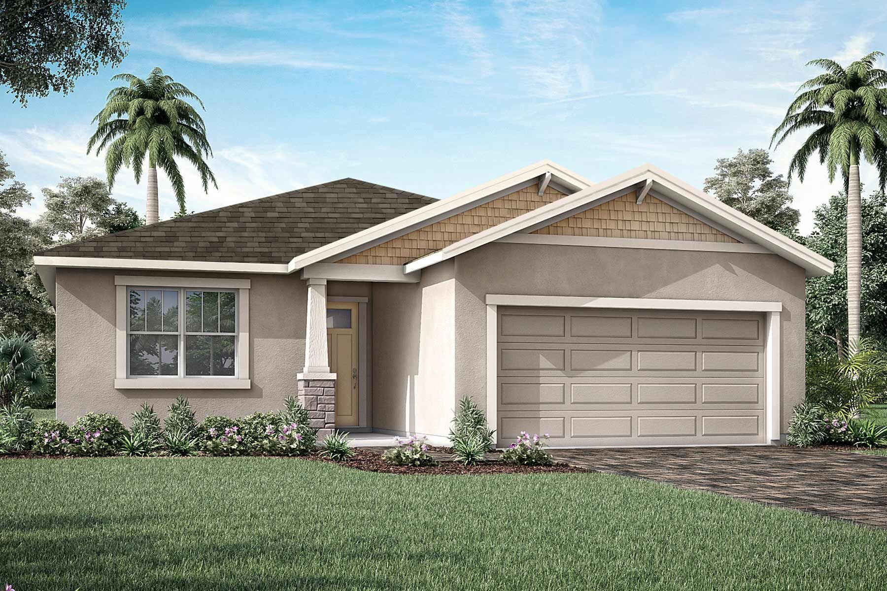 Front exterior of a new home in Crosswind Ranch, Parrish, FL, highlighting curb appeal (Image 1). Front exterior of a new home in Crosswind Ranch, Parrish, FL, highlighting curb appeal (Image 1).