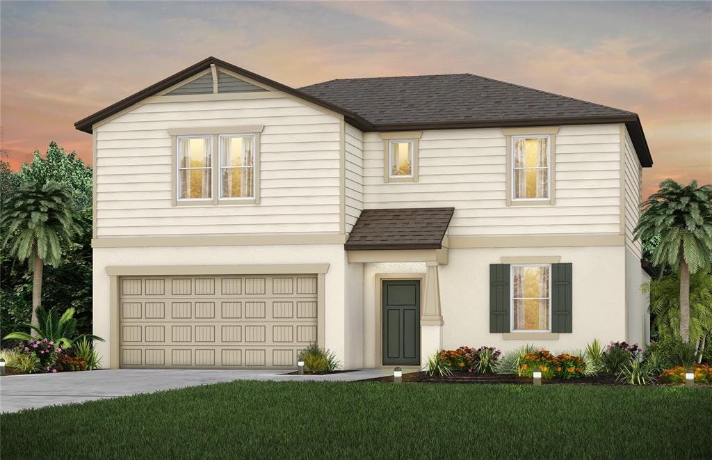 Front exterior of a new home in Oakfield Lakes, Parrish, FL, highlighting curb appeal (Image 1). Front exterior of a new home in Oakfield Lakes, Parrish, FL, highlighting curb appeal (Image 1).