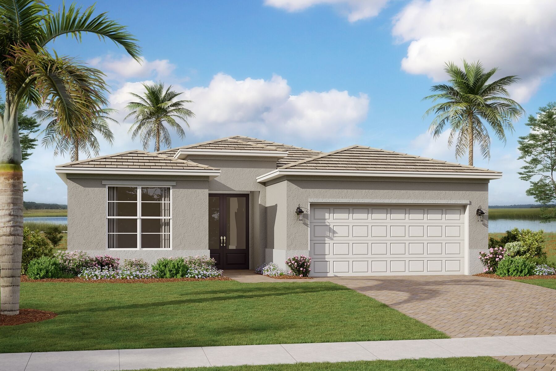 Front exterior of a new home in Tradition - Telaro, Port St. Lucie, FL, highlighting curb appeal (Image 1).