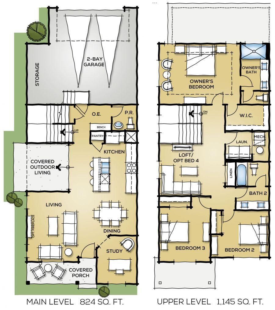 2D floor plan layout for the The Highland by Montano Homes in Elevations at Murphy Creek, Aurora, CO (Image 1).