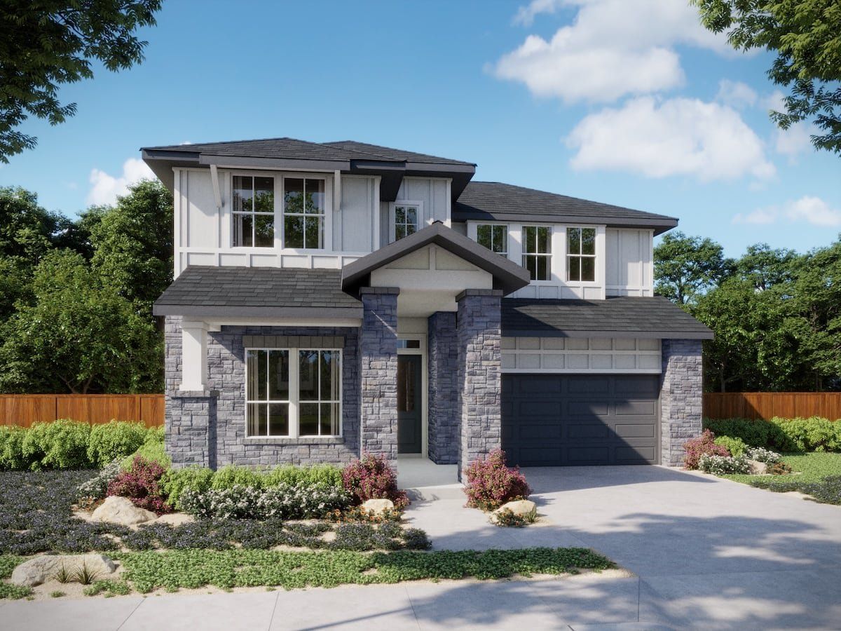 Front exterior of a new home in Persimmon, Buda, TX, highlighting curb appeal (Image 1). Front exterior of a new home in Persimmon, Buda, TX, highlighting curb appeal (Image 1).