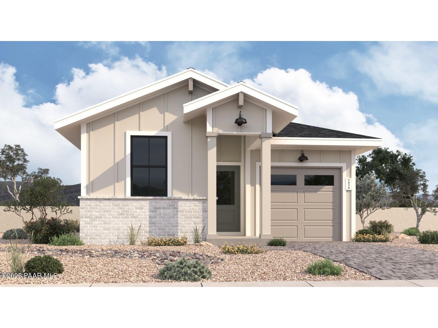 Front exterior of a new home in South Ranch Southern Collection, Prescott, AZ, highlighting curb appeal (Image 1).