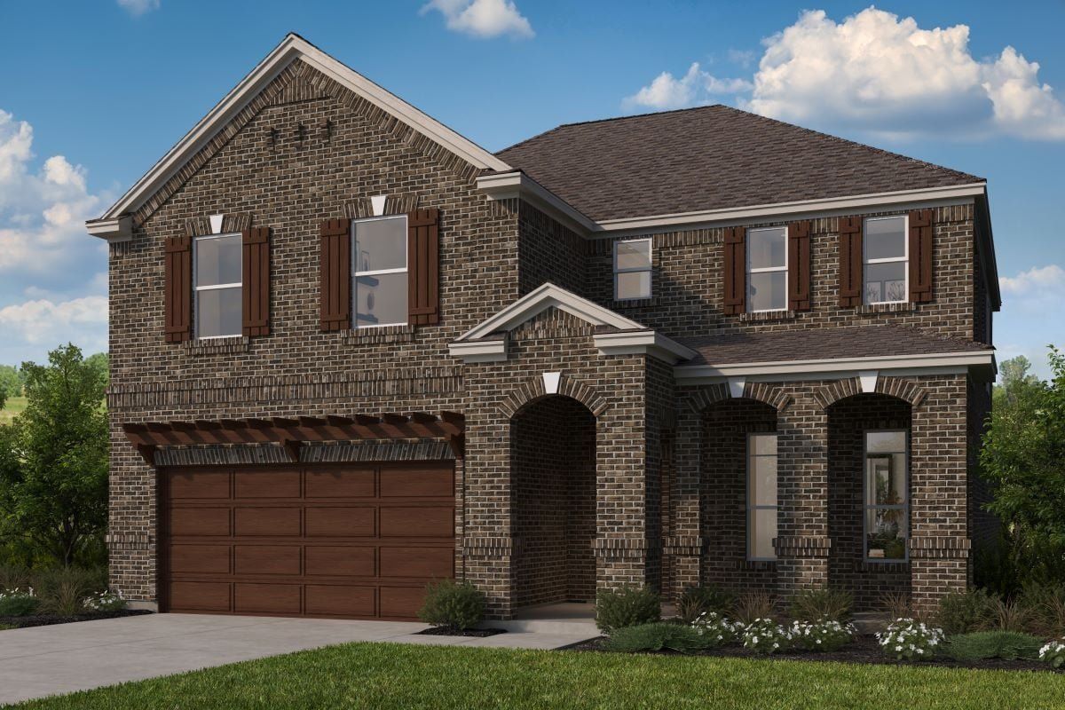 Front exterior of a new home in River Bluff, Leander, TX, highlighting curb appeal (Image 1). Front exterior of a new home in River Bluff, Leander, TX, highlighting curb appeal (Image 1).