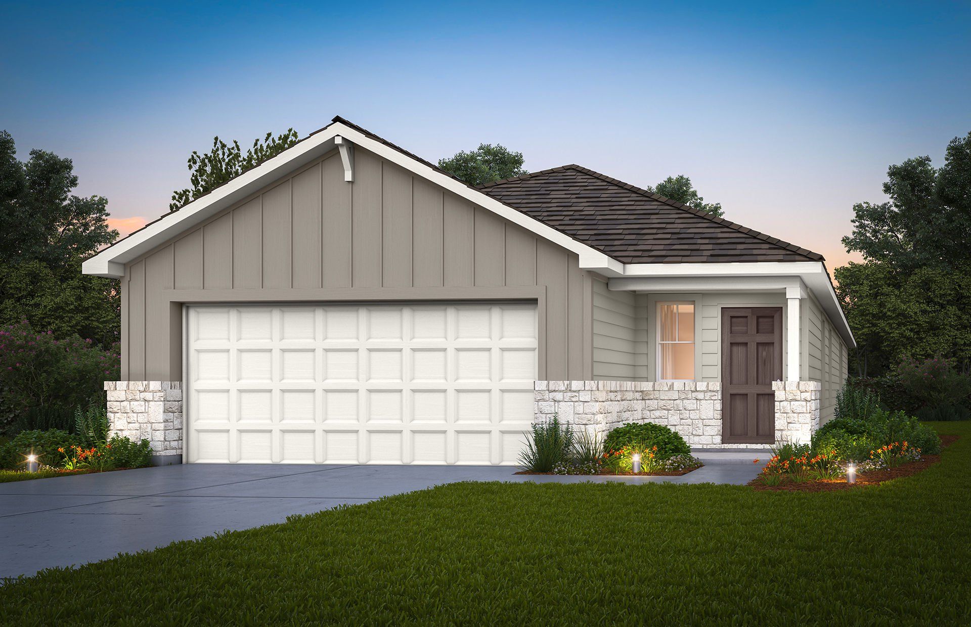 Front exterior of a new home in Horizon Ridge, San Antonio, TX, highlighting curb appeal (Image 1). Front exterior of a new home in Horizon Ridge, San Antonio, TX, highlighting curb appeal (Image 1).