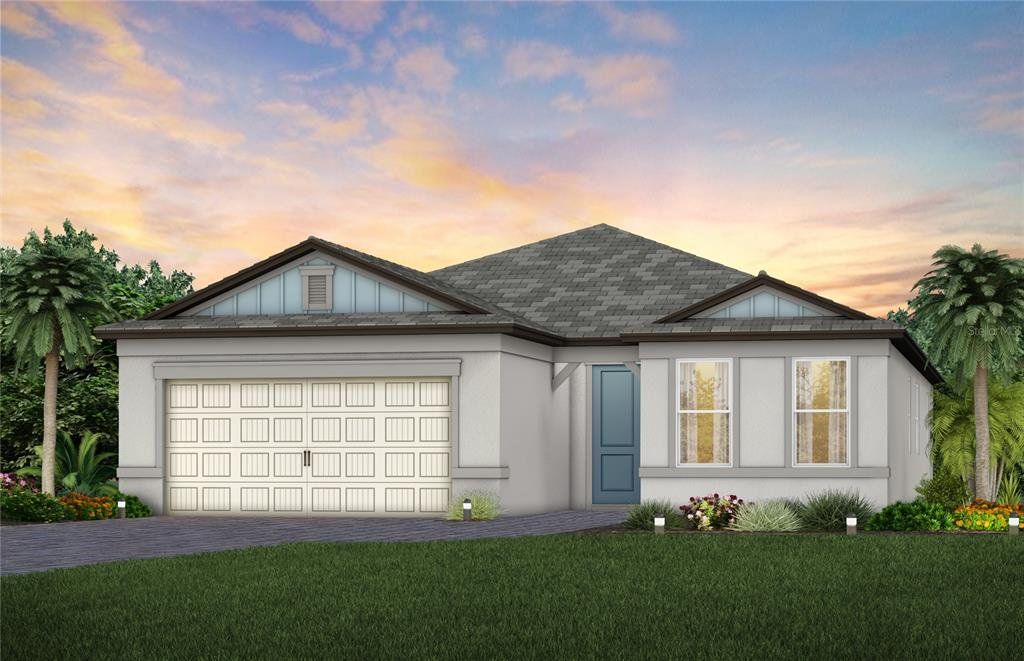Front exterior of a new home in Longmeadow at North River Ranch, Parrish, FL, highlighting curb appeal (Image 1). Front exterior of a new home in Longmeadow at North River Ranch, Parrish, FL, highlighting curb appeal (Image 1).