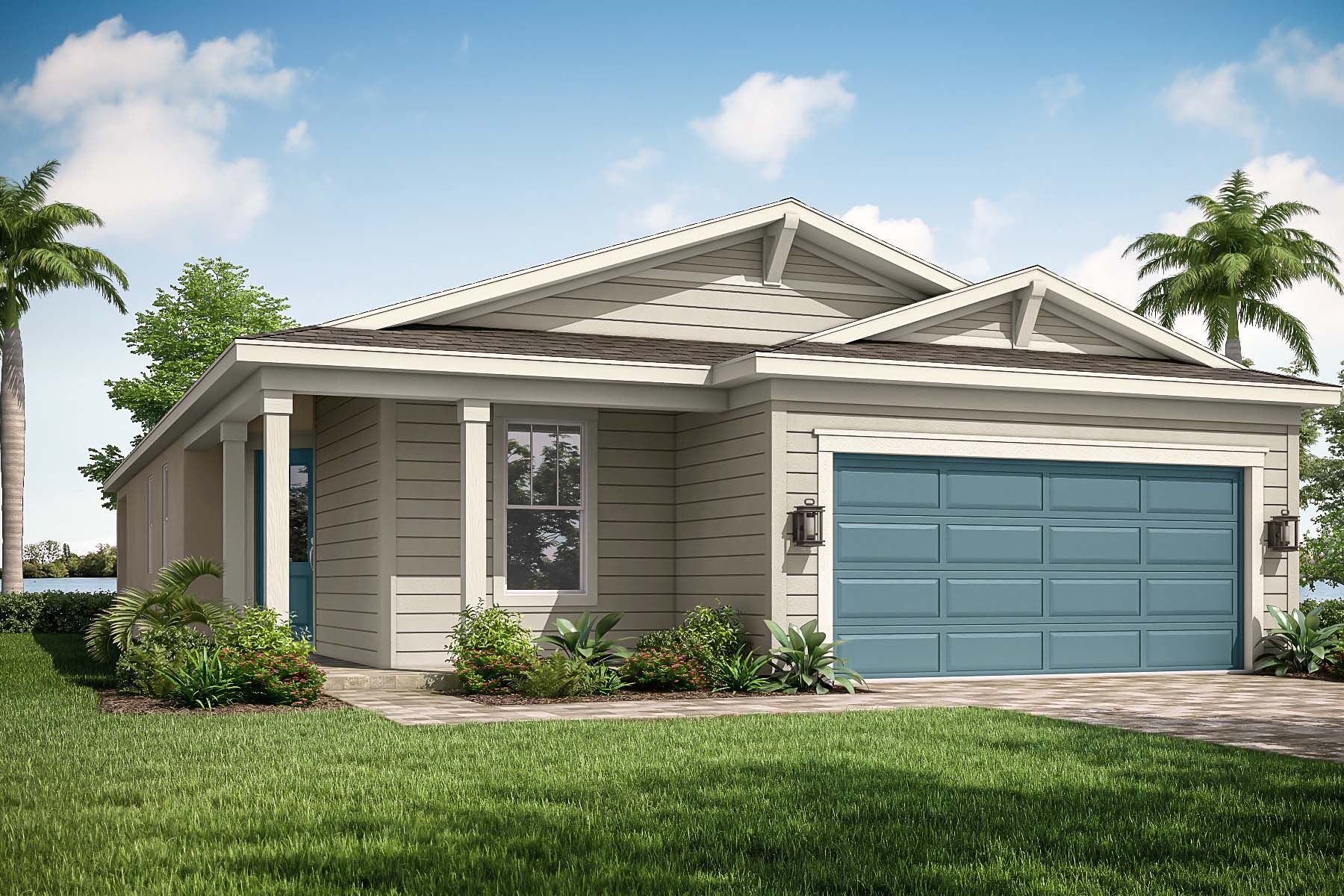 Front exterior of a new home in Tradition - Kenley, Port St. Lucie, FL, highlighting curb appeal (Image 1).
